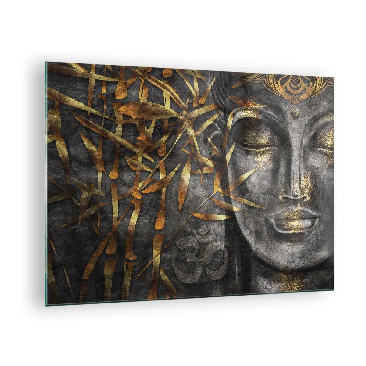 Cuadro sobre vidrio - Impresiones sobre Vidrio - Imagen de Buda dorado sobre un fondo de bambú. - 70x50cm - Siente la paz - Decoración de pared moderna para salón y dormitorio ARTTOR