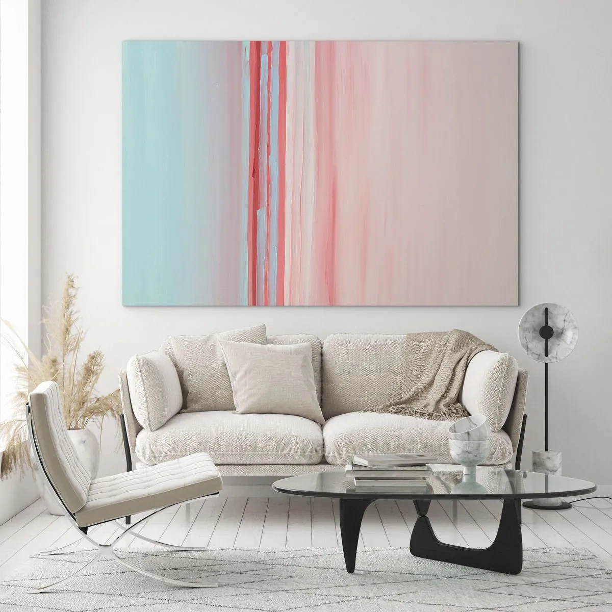 Cuadro sobre vidrio - Impresiones sobre Vidrio - Rayas verticales en tonos pastel de rosa y azul. - 70x50cm - Abstracción al amanecer - Decoración de pared moderna para salón y dormitorio ARTTOR