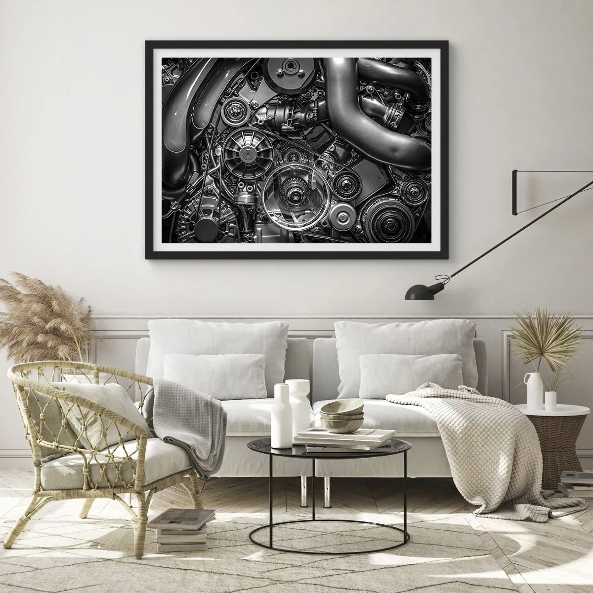 Póster en marco negro - Primer plano en blanco y negro de los detalles mecánicos de un motor de automóvil. - 70x50cm - La poesía de la mecánica - Decoración de pared moderna para salón y dormitorio ARTTOR