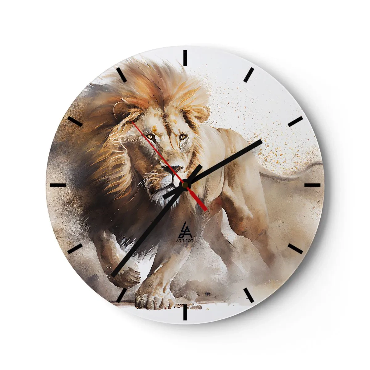 Reloj de pared - Reloj de vidrio - Toma dinámica de un león en movimiento sobre un fondo blanco con efecto de polvo. - 30x30cm - El rey ha partido - Decoración de pared moderna para salón, cocina y dormitorio ARTTOR