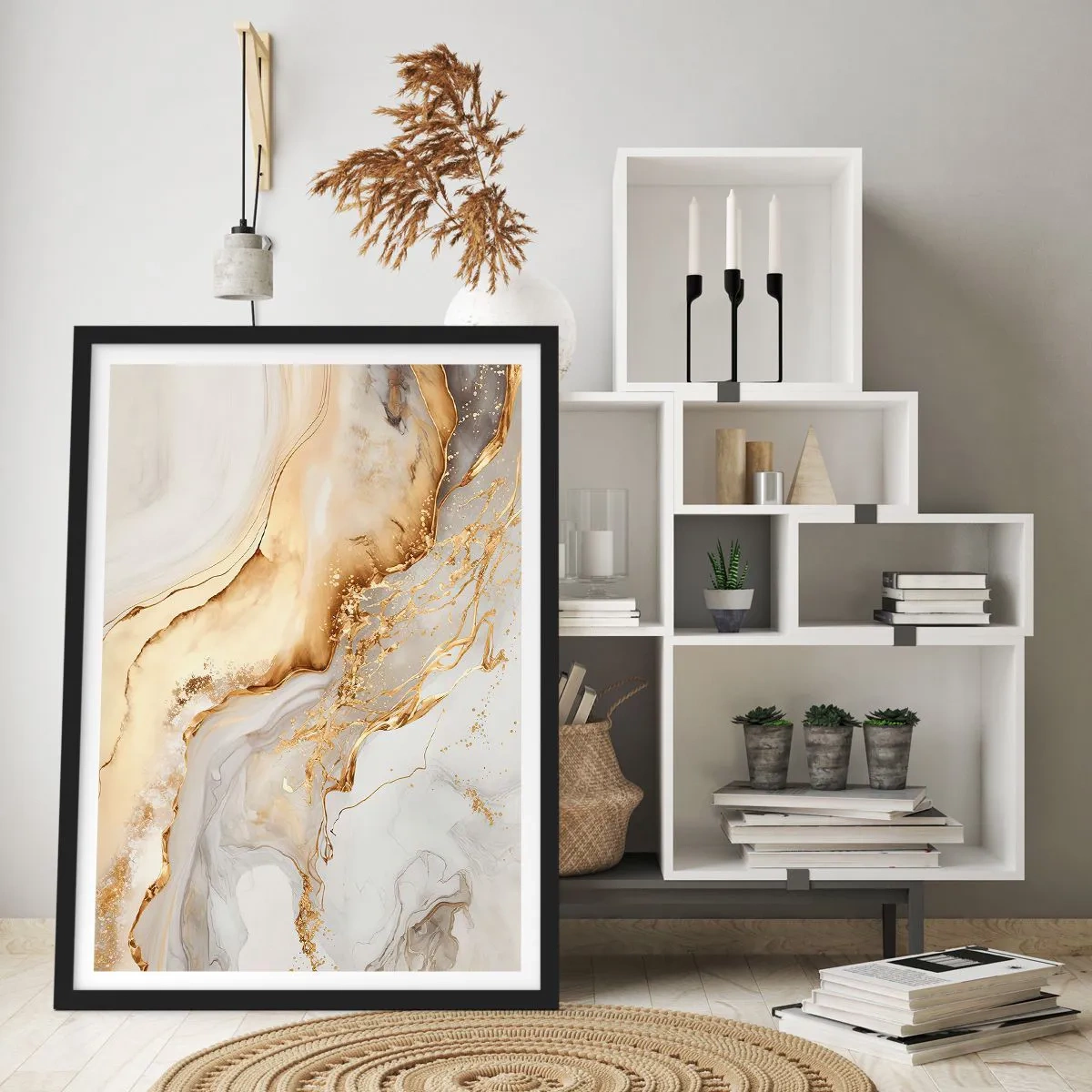 Póster en marco negro - Composición abstracta de mármol dorado y blanco - 50x70cm - Abstracción: belleza y bondad - Decoración de pared moderna para salón y dormitorio ARTTOR