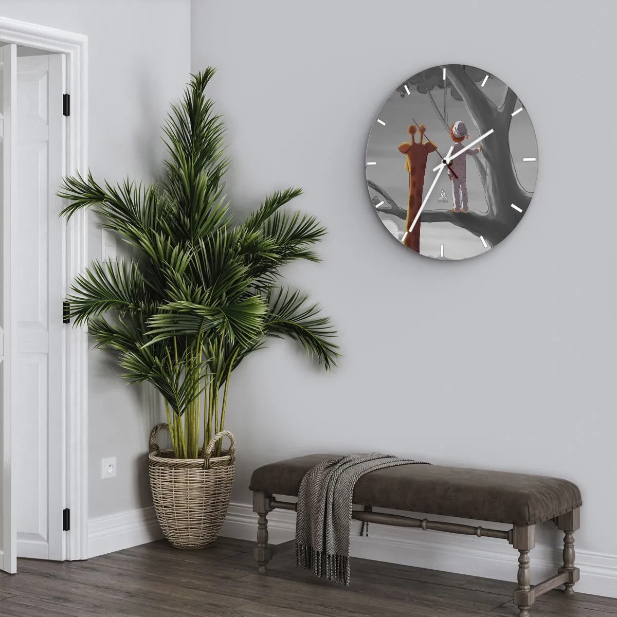 Reloj de pared - Reloj de vidrio - Un niño en pijama y una jirafa están juntos en la rama de un árbol. - 30x30cm - ¿Está sucediendo de verdad? - Decoración de pared moderna para salón, cocina y dormitorio ARTTOR