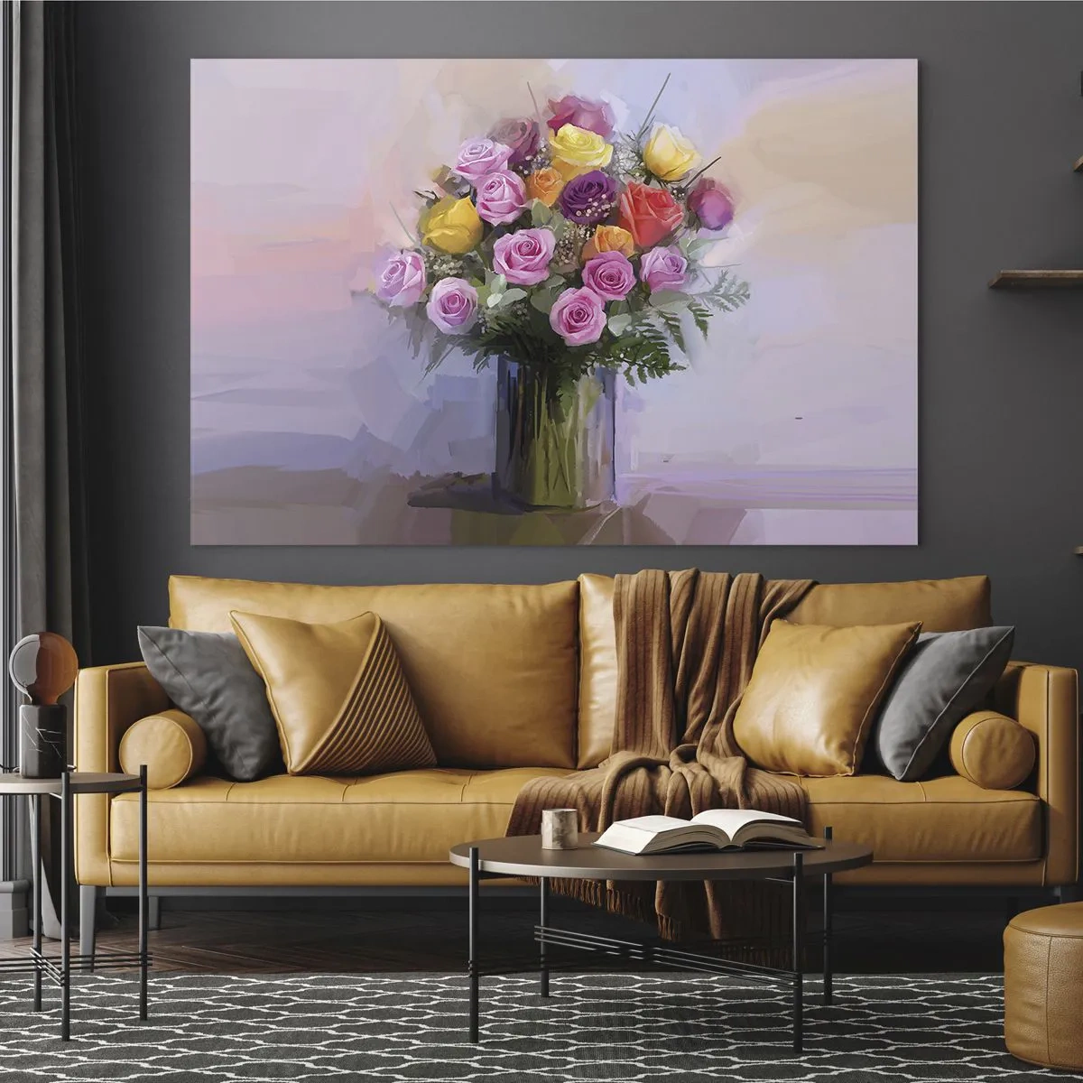 Cuadro sobre vidrio - Impresiones sobre Vidrio - Un ramo de rosas en un jarrón de cristal sobre un fondo pastel. - 70x50cm - Belleza inmortalizada - Decoración de pared moderna para salón y dormitorio ARTTOR