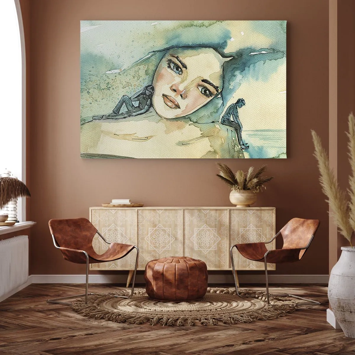 Cuadro sobre lienzo - Impresión de Imagen - Acuarela de rostro de mujer con motivo reflectante. - 70x50cm - ¿Soy azul? - Decoración de pared moderna para salón y dormitorio ARTTOR