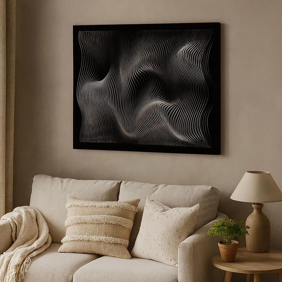 Cuadro sobre lienzo - Impresión de Imagen - Líneas blancas abstractas sobre un fondo negro - 70x50cm - La danza de la luz en el espacio - Decoración de pared moderna para salón y dormitorio ARTTOR
