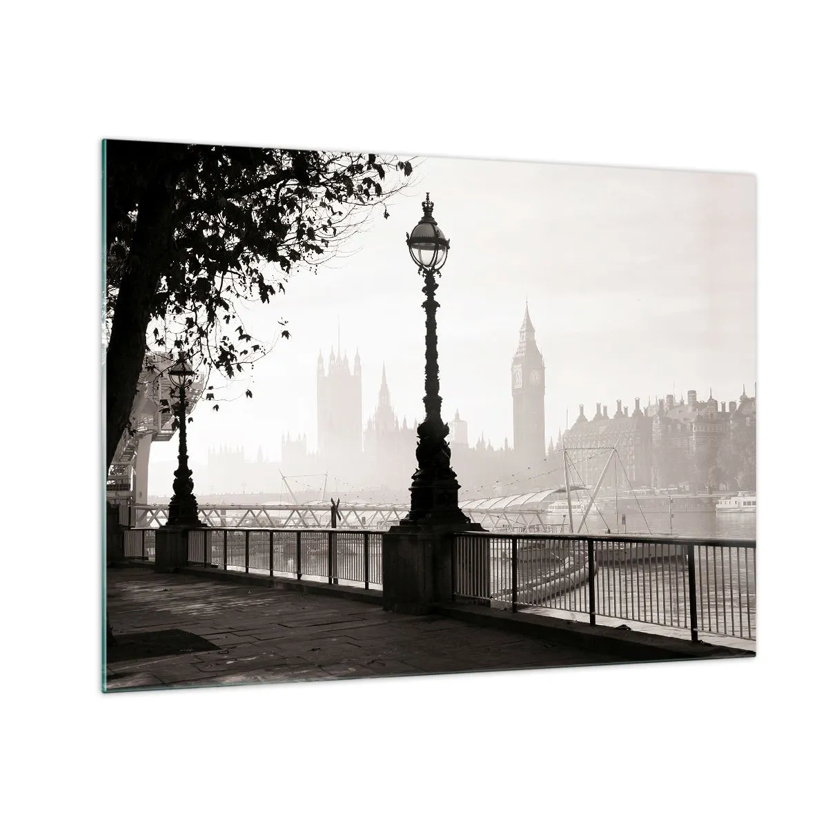 Cuadro sobre vidrio - Impresiones sobre Vidrio - Fotografía en blanco y negro del paseo marítimo de Londres con el Big Ben - 70x50cm - La mañana de Londres - Decoración de pared moderna para salón y dormitorio ARTTOR