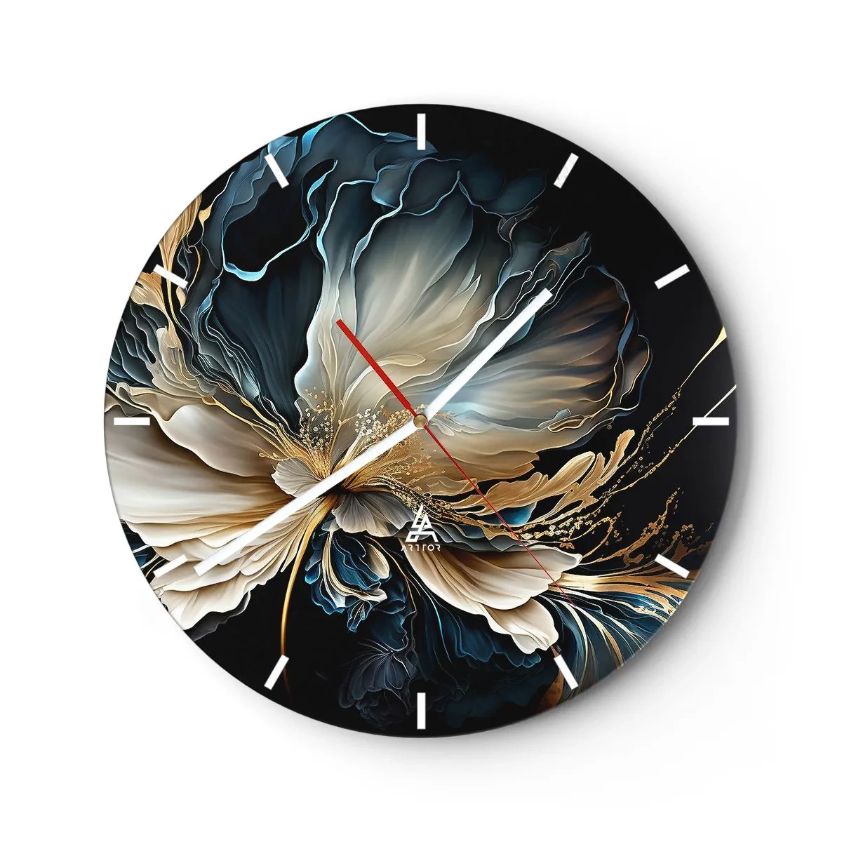 Reloj de pared - Reloj de vidrio - Una flor elegante con formas fluidas en dorado y azul marino. - 30x30cm - Flor de helecho de cuento - Decoración de pared moderna para salón, cocina y dormitorio ARTTOR