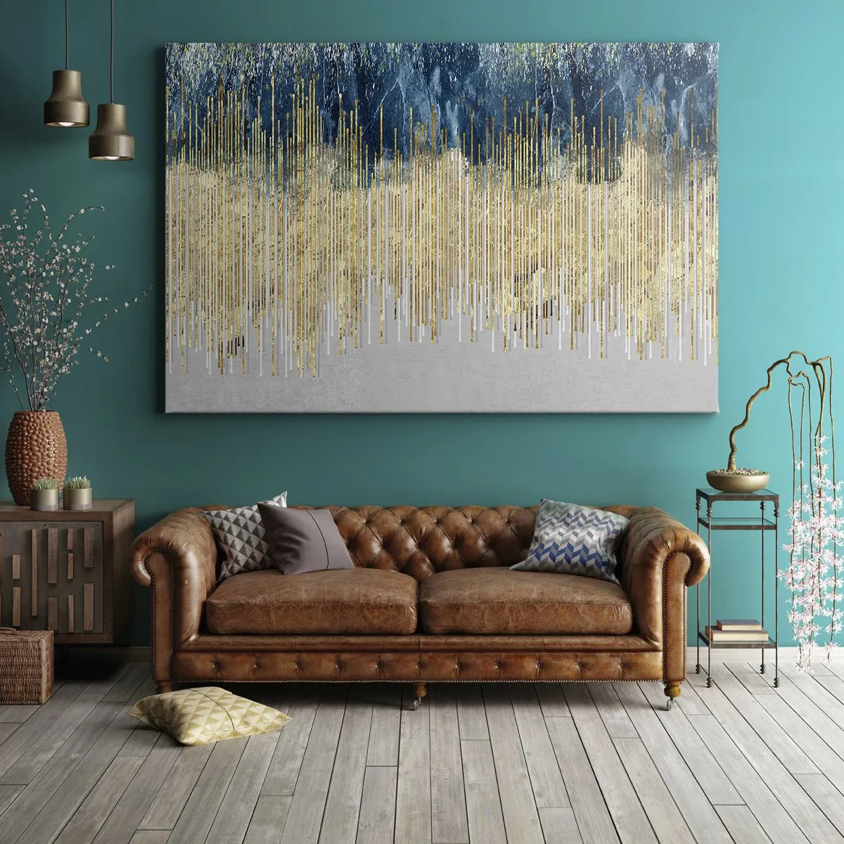 Cuadro sobre lienzo - Impresión de Imagen - Líneas doradas sobre un fondo de abstracción azul marino y gris. - 70x50cm - Frontera de líneas doradas - Decoración de pared moderna para salón y dormitorio ARTTOR