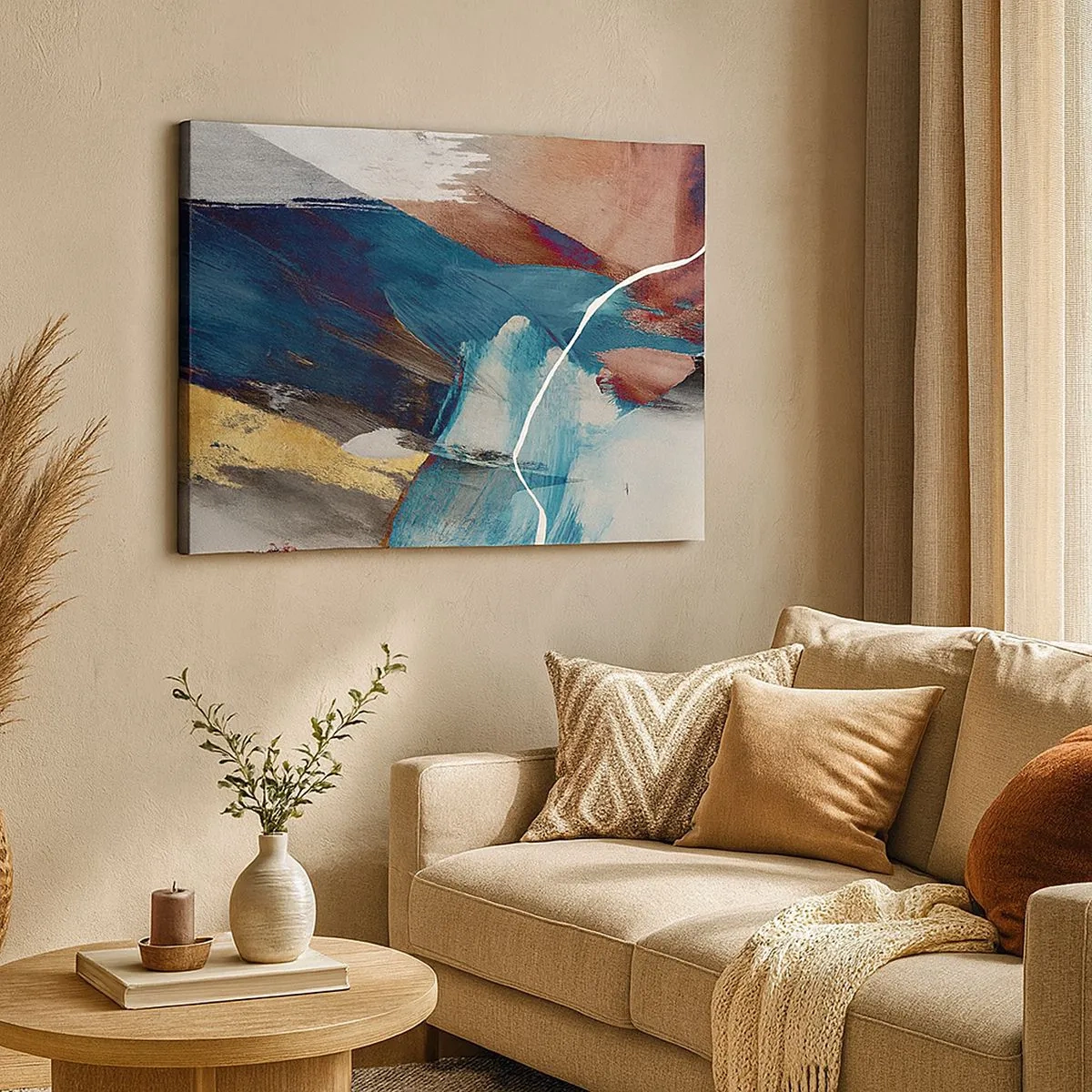 Cuadro sobre lienzo - Impresión de Imagen - Pinceladas abstractas en tonos azules y dorados. - 70x50cm - Con estilo y energía - Decoración de pared moderna para salón y dormitorio ARTTOR