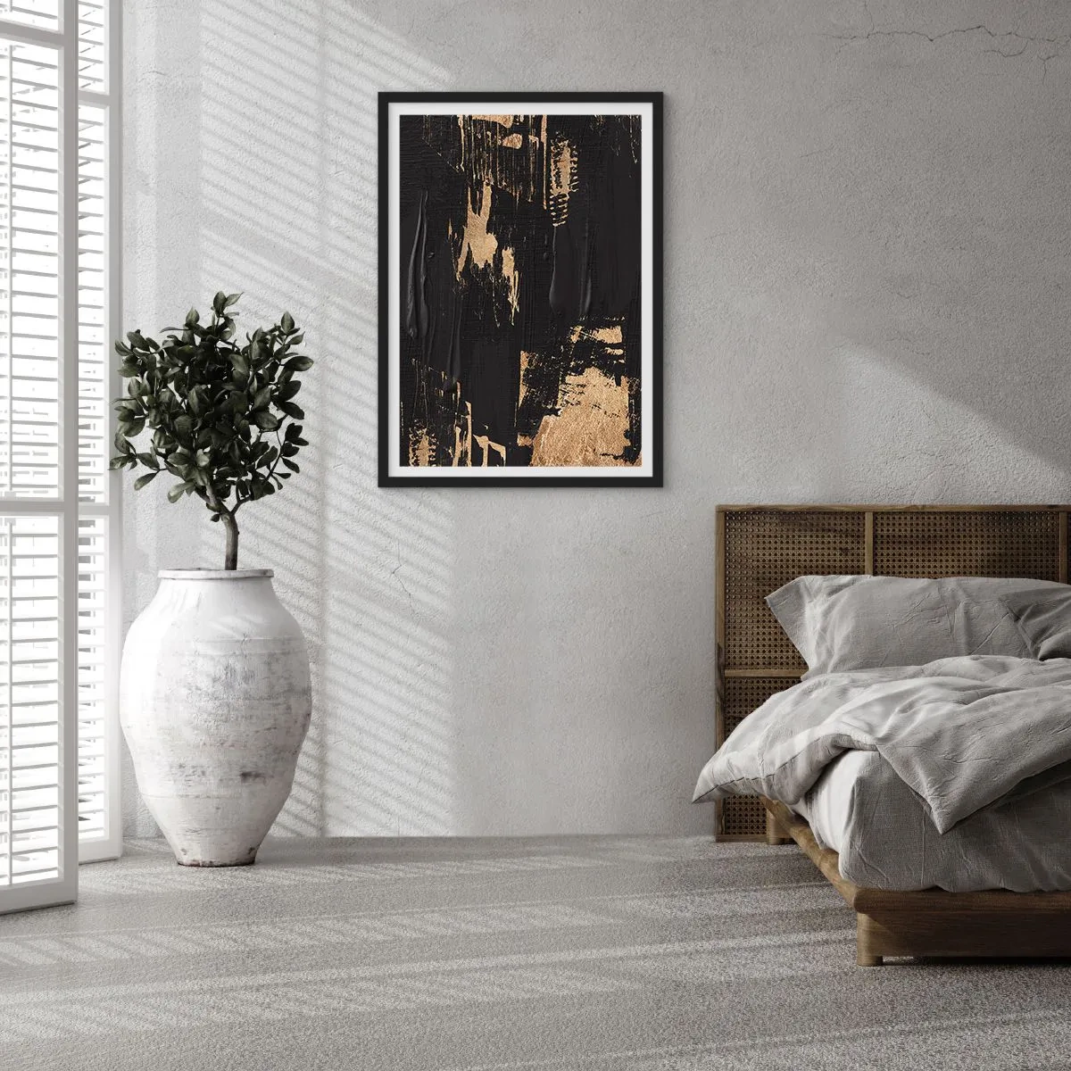 Póster en marco negro - Composición de pintura abstracta en negro y dorado. - 50x70cm - Un rastro de tacto - Decoración de pared moderna para salón y dormitorio ARTTOR