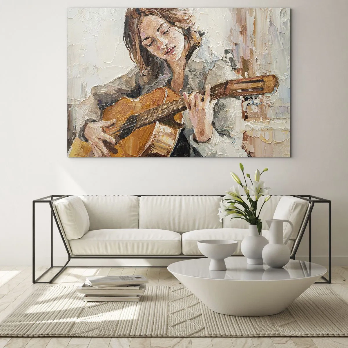 Cuadro sobre vidrio - Impresiones sobre Vidrio - Una niña tocando la guitarra en estilo impresionista. - 70x50cm - Concierto de guitarra y corazón joven - Decoración de pared moderna para salón y dormitorio ARTTOR