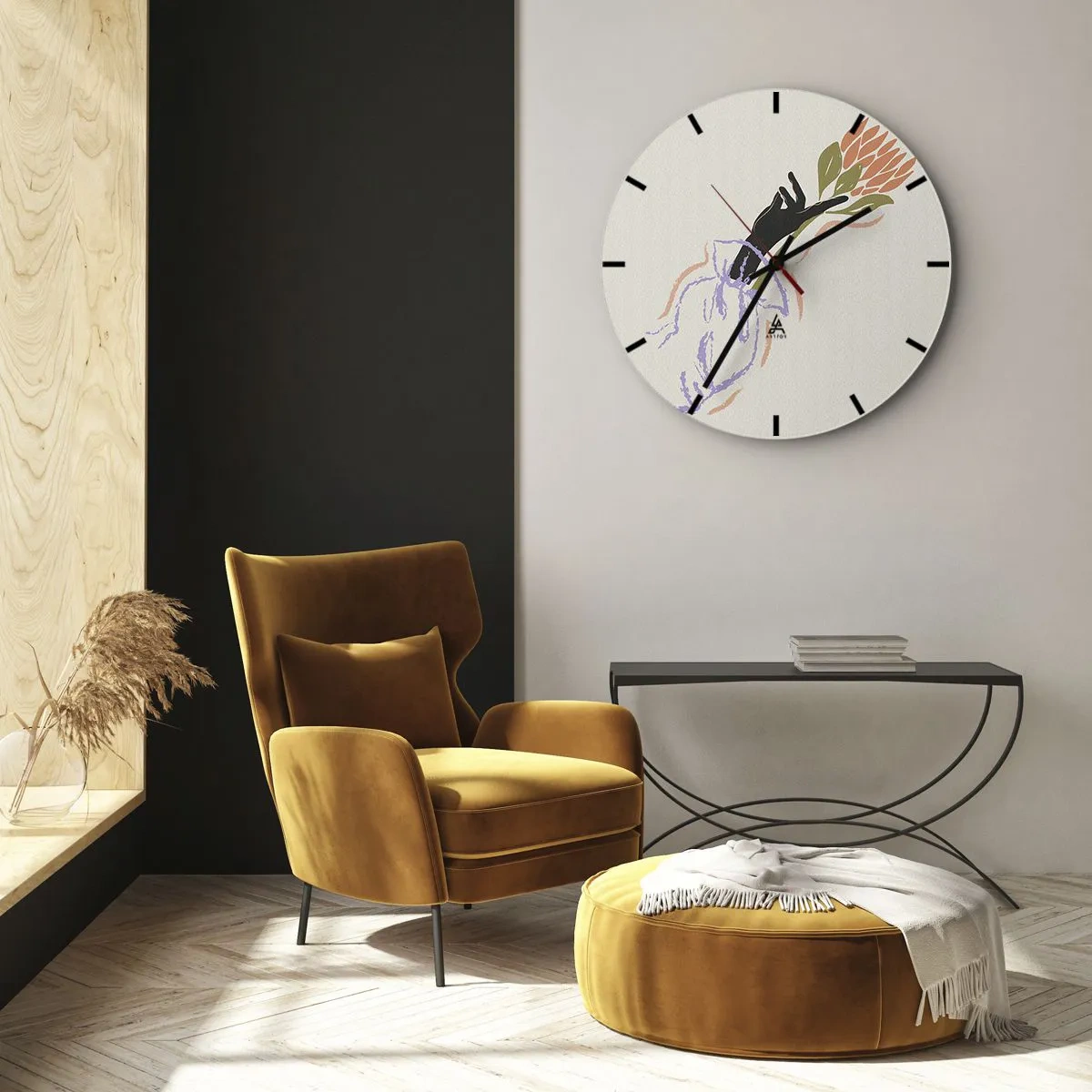 Reloj de pared - Reloj de vidrio - Una mano estilizada sosteniendo una flor en colores pastel. - 30x30cm - Un toque fraternal - Decoración de pared moderna para salón, cocina y dormitorio ARTTOR