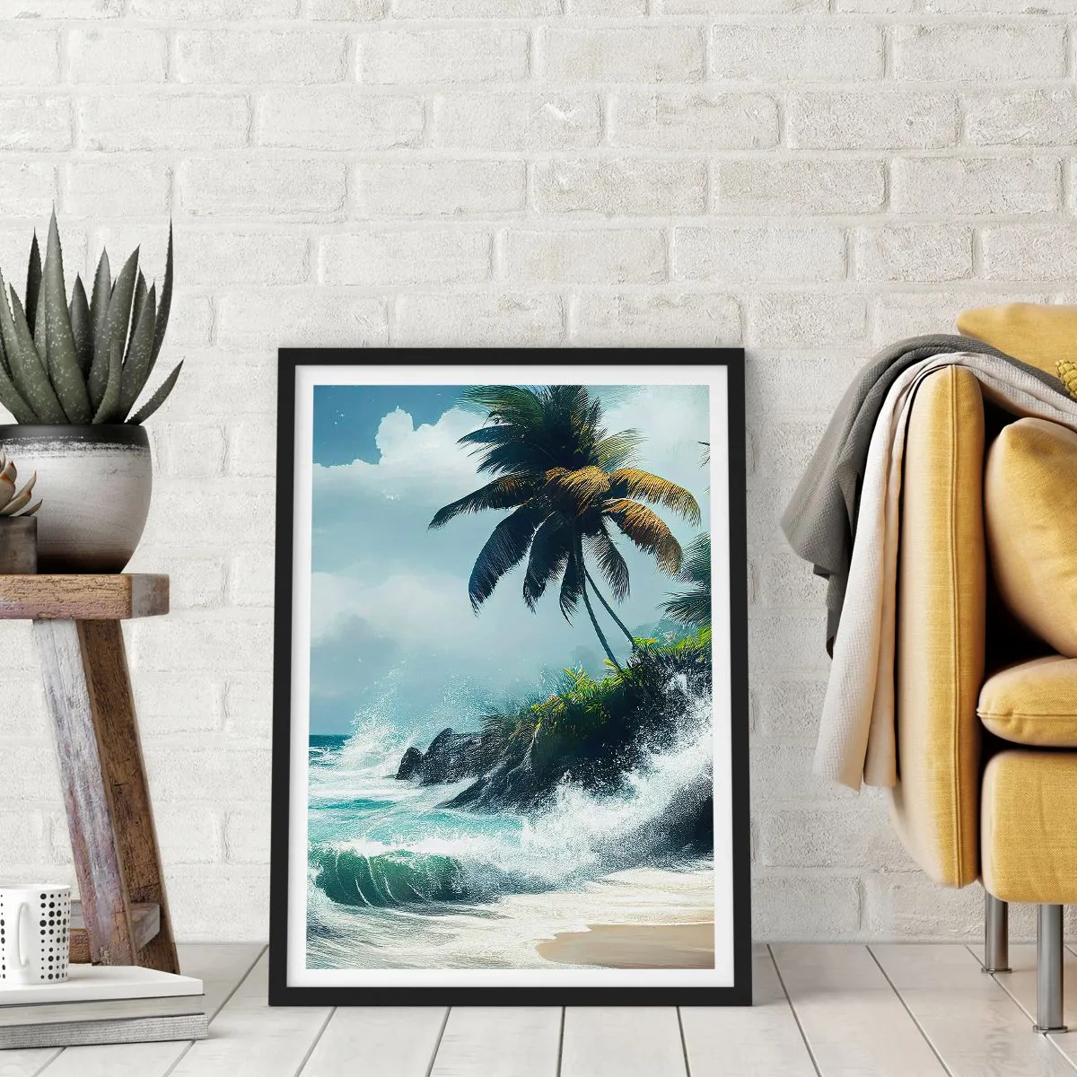 Póster en marco negro - Playa tropical con palmeras y un mar agitado. - 50x70cm - En una costa tropical - Decoración de pared moderna para salón y dormitorio ARTTOR