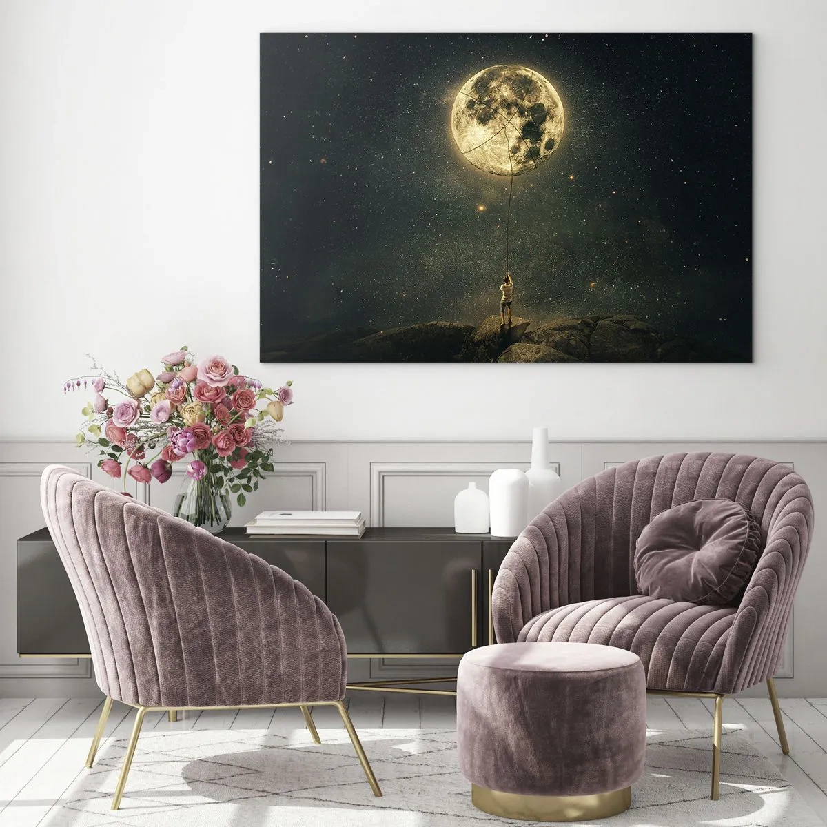 Cuadro sobre vidrio - Impresiones sobre Vidrio - Una figura en una roca sosteniendo la luna, que está atrapada en una cuerda. - 70x50cm - El que robó la luna - Decoración de pared moderna para salón y dormitorio ARTTOR