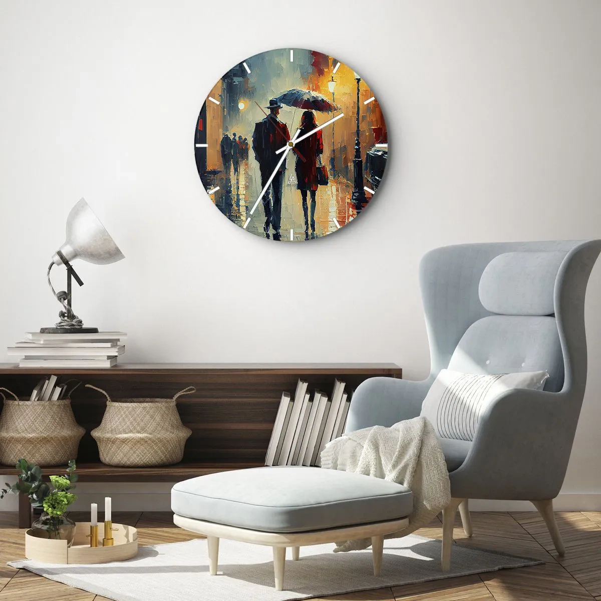 Reloj de pared - Reloj de vidrio - Una pareja bajo una sombrilla en un entorno urbano pintada con espátula. - 30x30cm - Historia de amor urbana - Decoración de pared moderna para salón, cocina y dormitorio ARTTOR