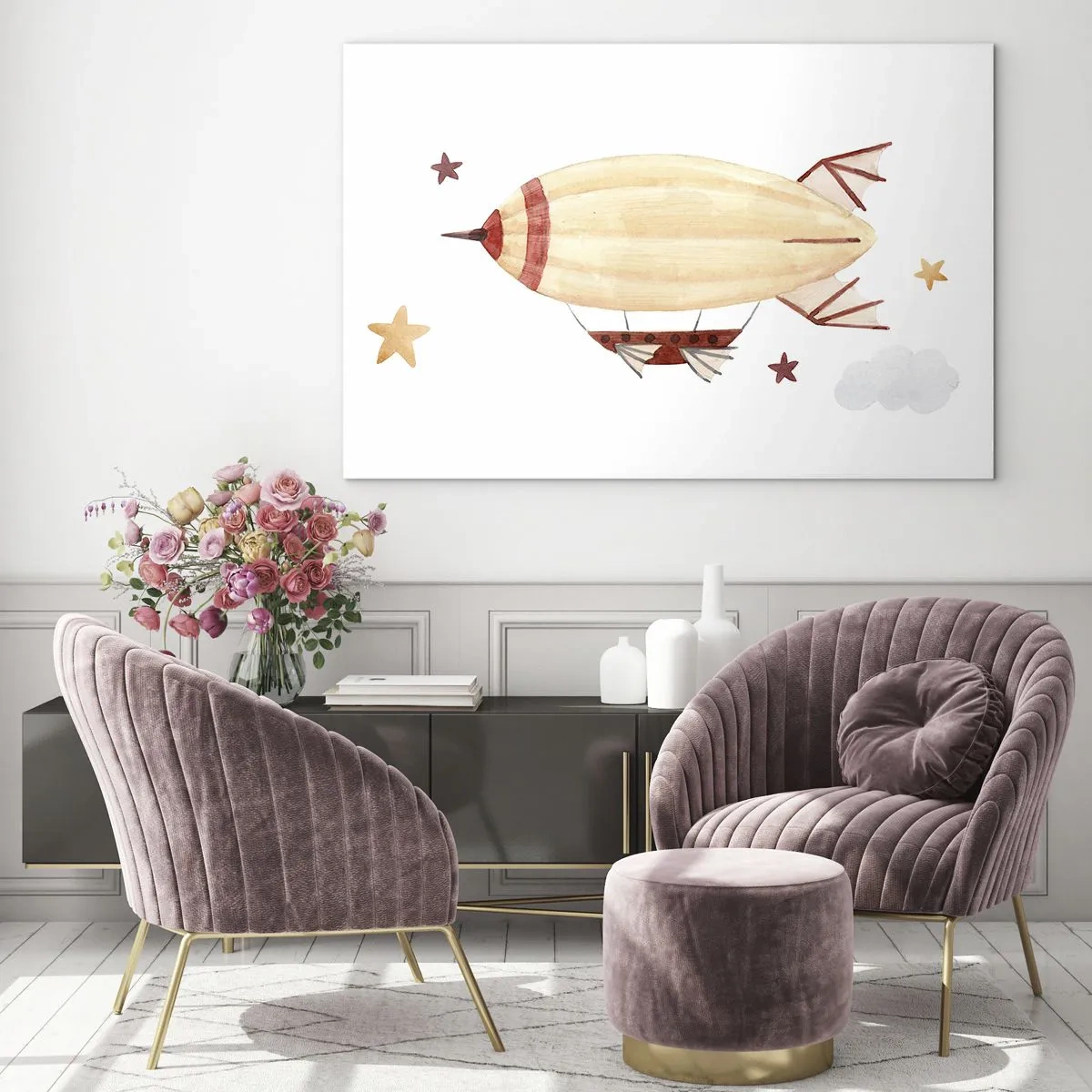 Cuadro sobre vidrio - Impresiones sobre Vidrio - Un dirigible de dibujos animados entre las estrellas sobre un fondo blanco. - 70x50cm - Dirigible - Decoración de pared moderna para salón y dormitorio ARTTOR