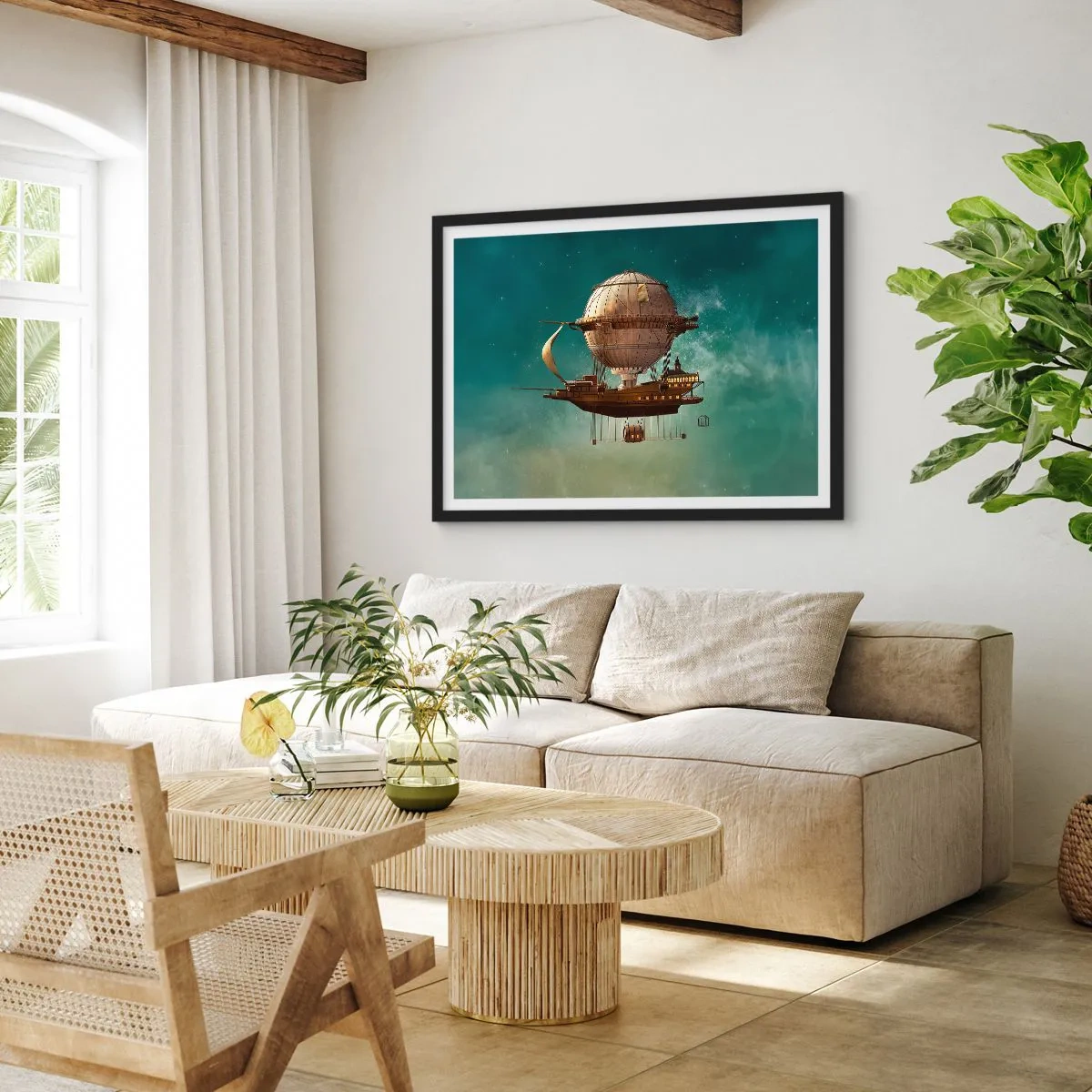 Póster en marco negro - Un dirigible fantástico contra el cielo verdoso. - 70x50cm - Julio Verne saluda - Decoración de pared moderna para salón y dormitorio ARTTOR