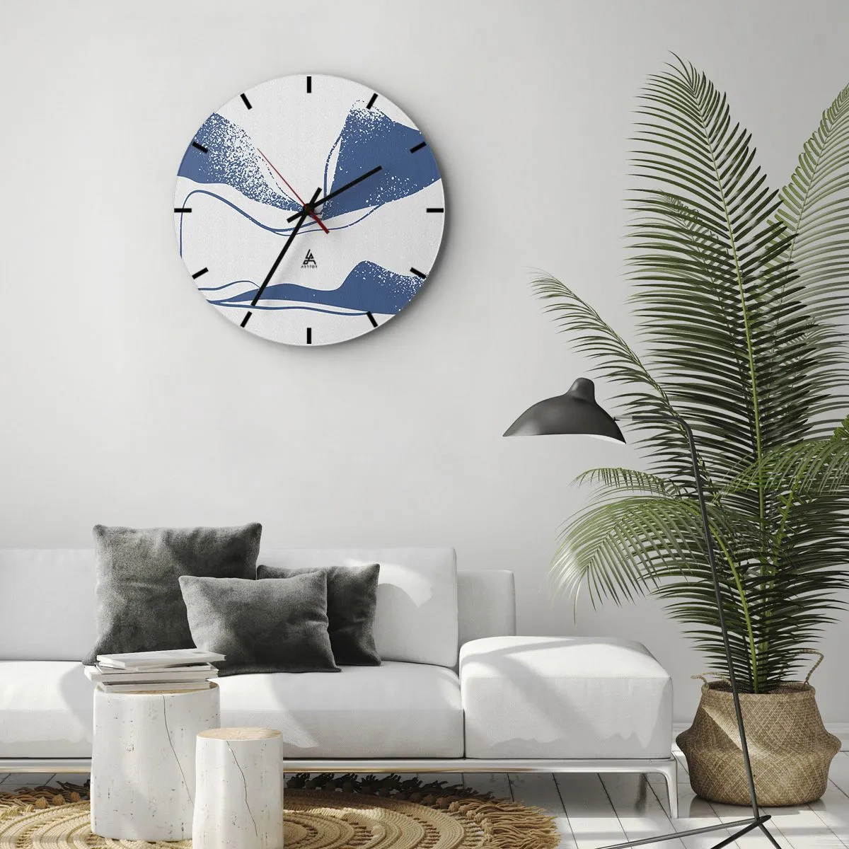 Reloj de pared - Reloj de vidrio - Abstracción gráfica con alas azules sobre fondo blanco. - 30x30cm - Abstracción con alas - Decoración de pared moderna para salón, cocina y dormitorio ARTTOR