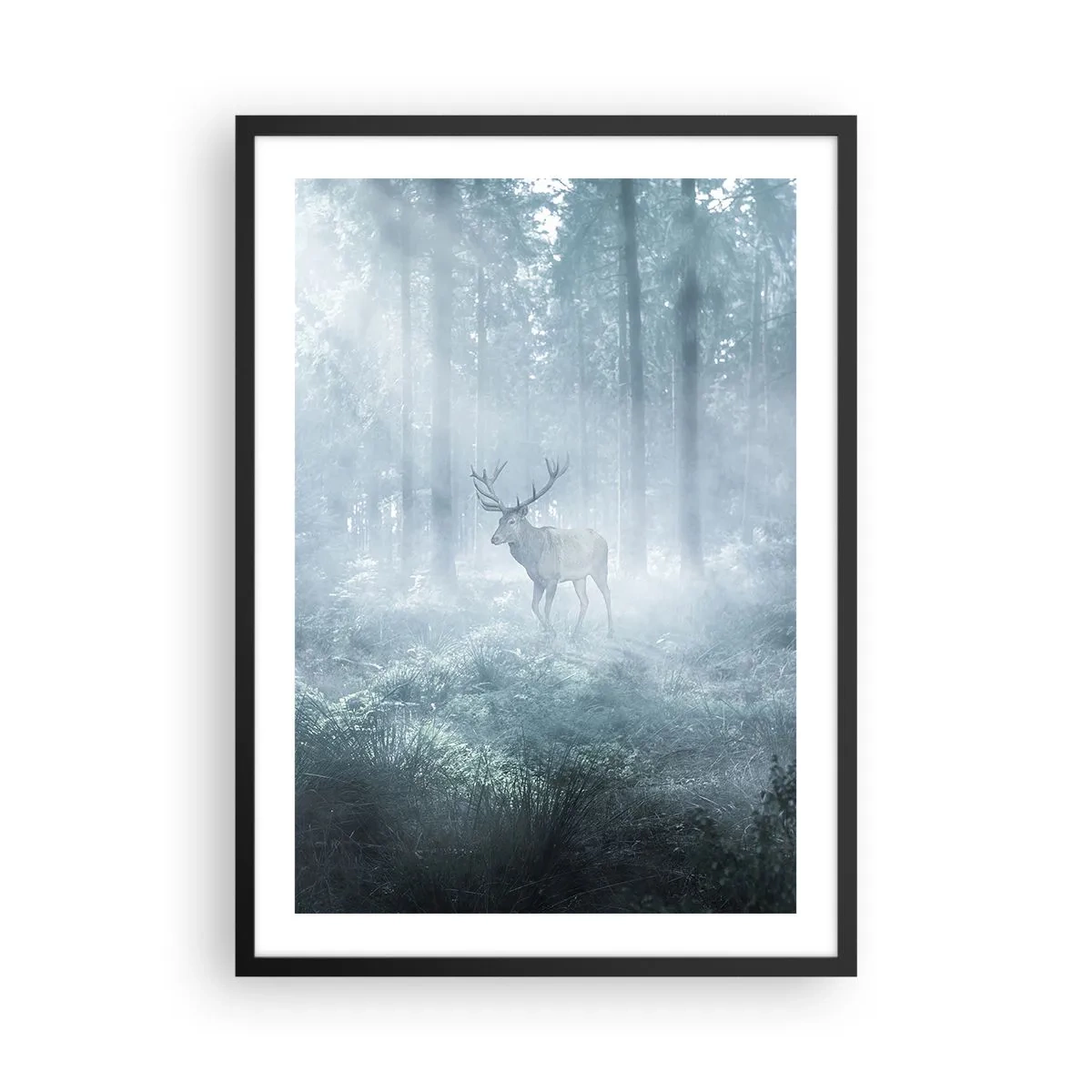 Póster en marco negro - Ciervos en la niebla matutina en el bosque. - 50x70cm - Ronda matutina por la finca - Decoración de pared moderna para salón y dormitorio ARTTOR