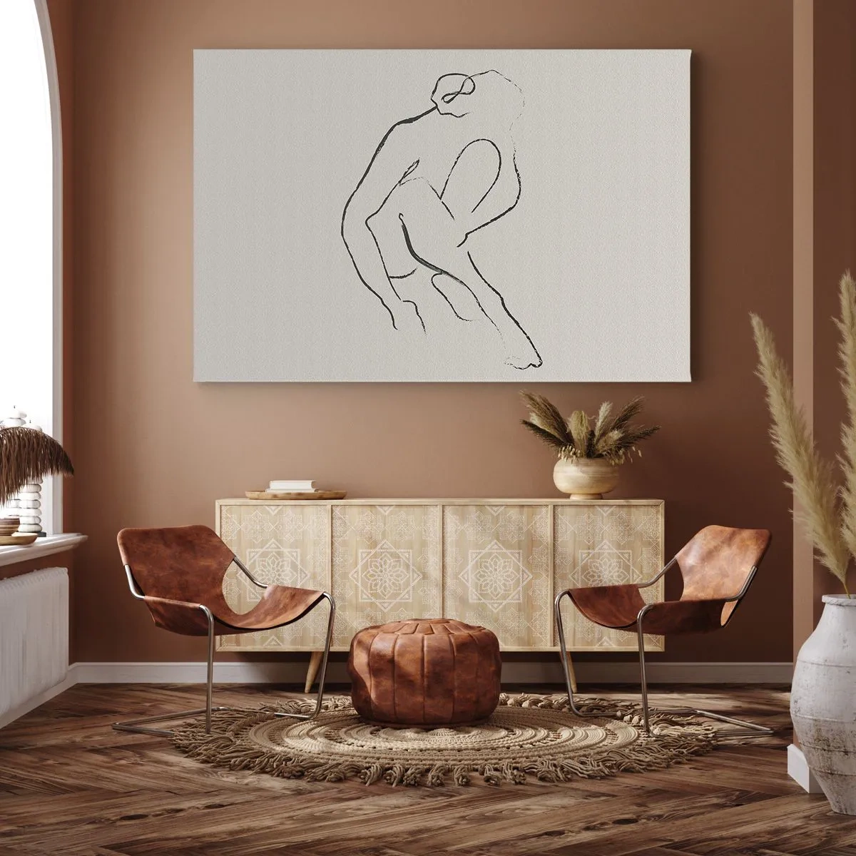 Cuadro sobre lienzo - Impresión de Imagen - Una silueta minimalista en negro sobre un fondo claro. - 70x50cm - Boceto íntimo - Decoración de pared moderna para salón y dormitorio ARTTOR