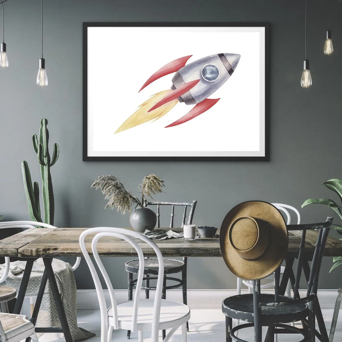 Póster en marco negro - Cohete en estilo acuarela sobre fondo blanco. - 70x50cm - Más alto, más rápido, más lejos - Decoración de pared moderna para salón y dormitorio ARTTOR