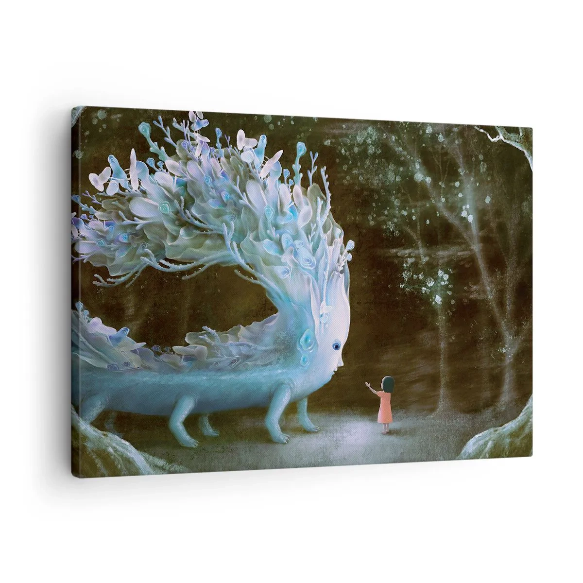 Cuadro sobre lienzo - Impresión de Imagen - La figura de una niña frente a una criatura fantástica. - 70x50cm - Una reunión fantástica - Decoración de pared moderna para salón y dormitorio ARTTOR