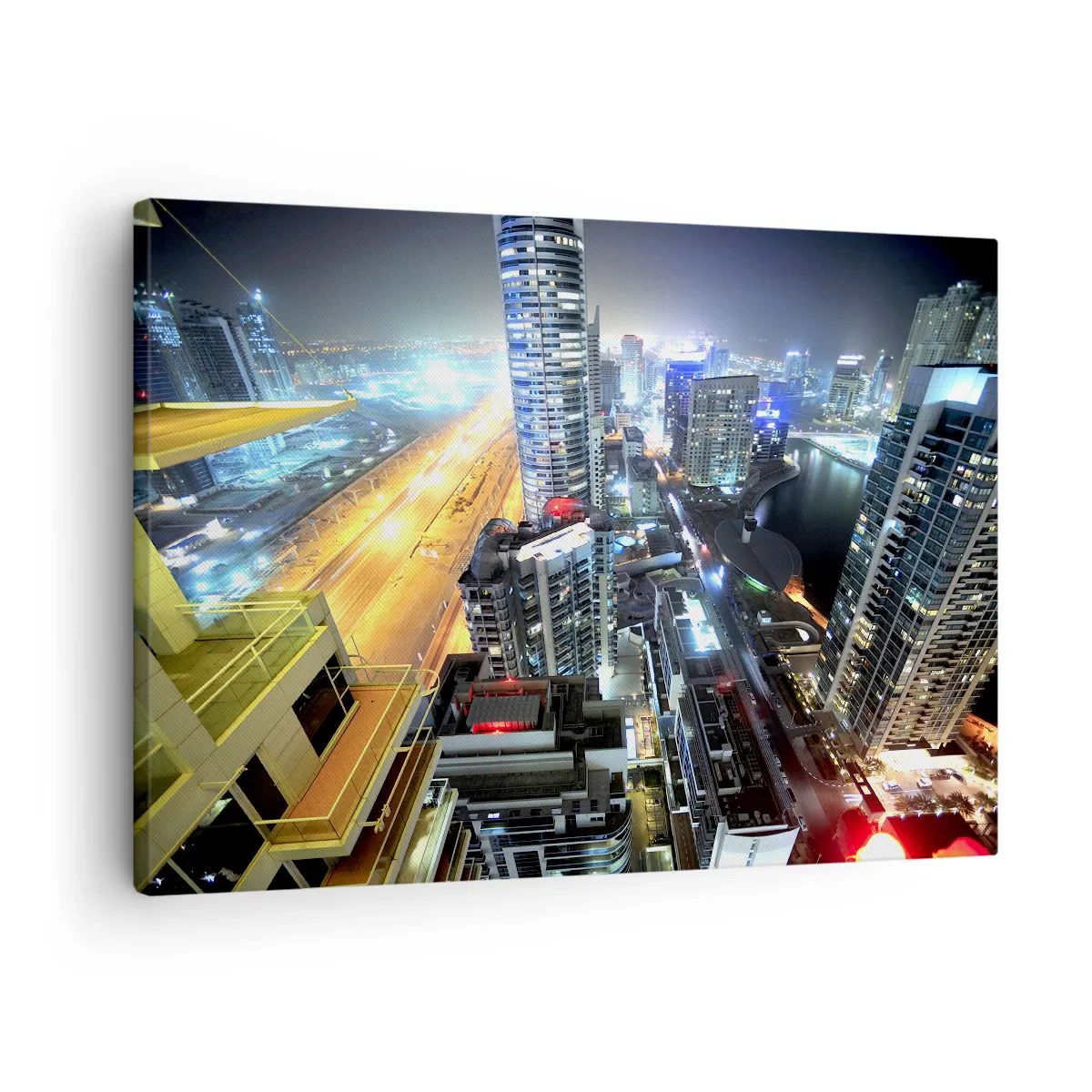 Cuadro sobre lienzo - Impresión de Imagen - Panorama de la ciudad nocturna con rascacielos iluminados - 70x50cm - Un milagro en el desierto - Decoración de pared moderna para salón y dormitorio ARTTOR