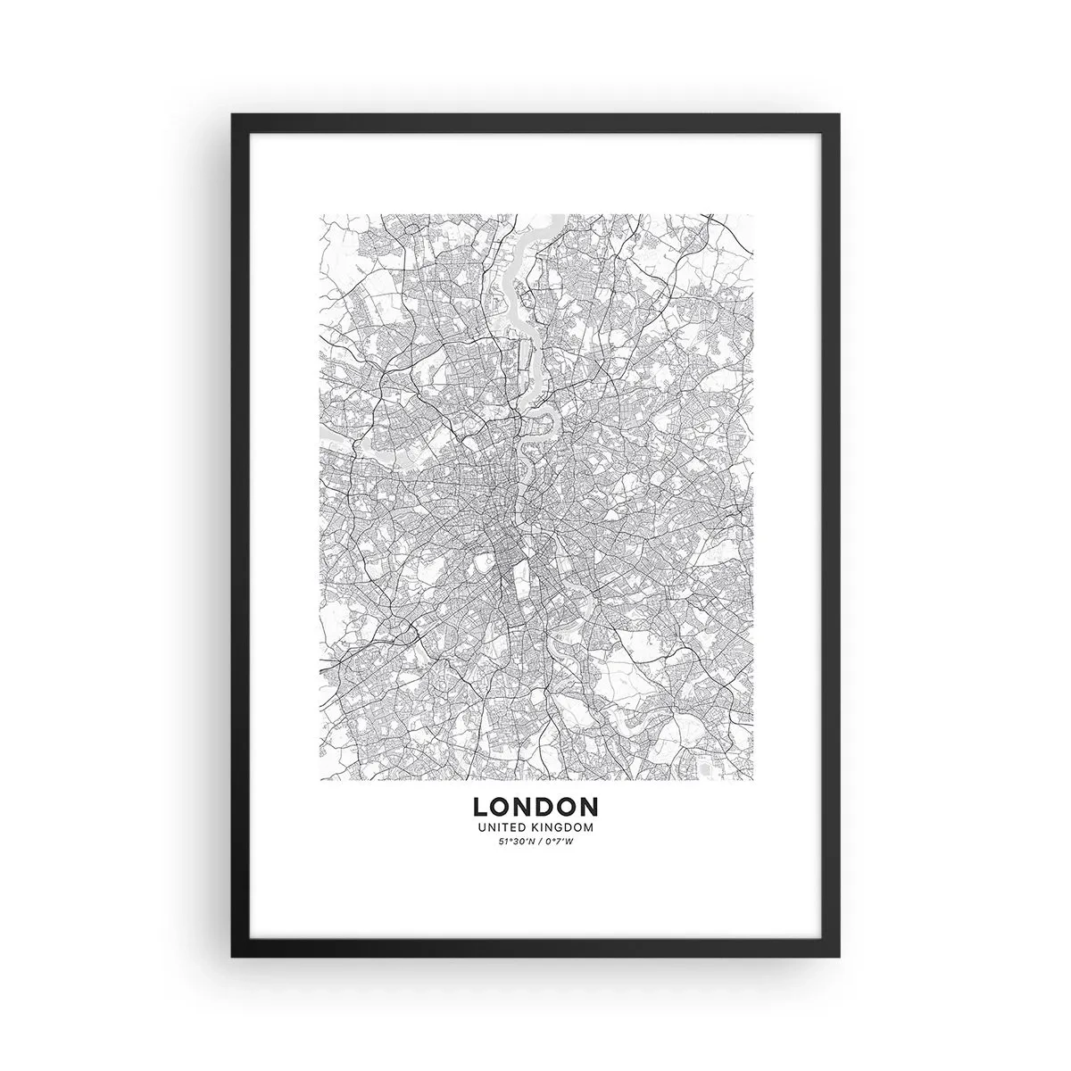 Póster en marco negro - Mapa en blanco y negro de Londres con detalles precisos de las calles - 50x70cm - Un mapa del laberinto de Londres - Decoración de pared moderna para salón y dormitorio ARTTOR
