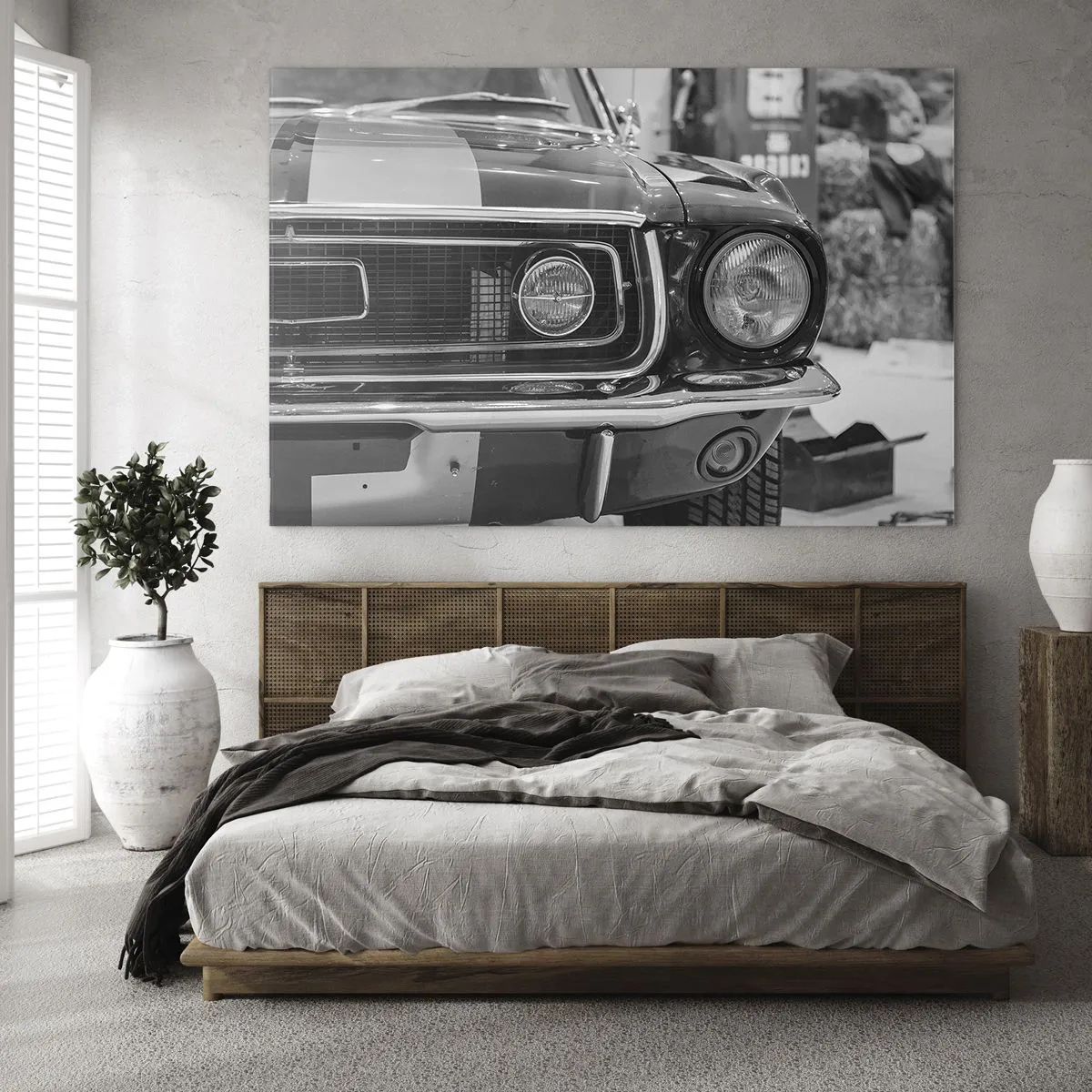Cuadro sobre vidrio - Impresiones sobre Vidrio - Primer plano del frontal de un coche de carreras clásico. - 70x50cm - Paseo rudo - Decoración de pared moderna para salón y dormitorio ARTTOR