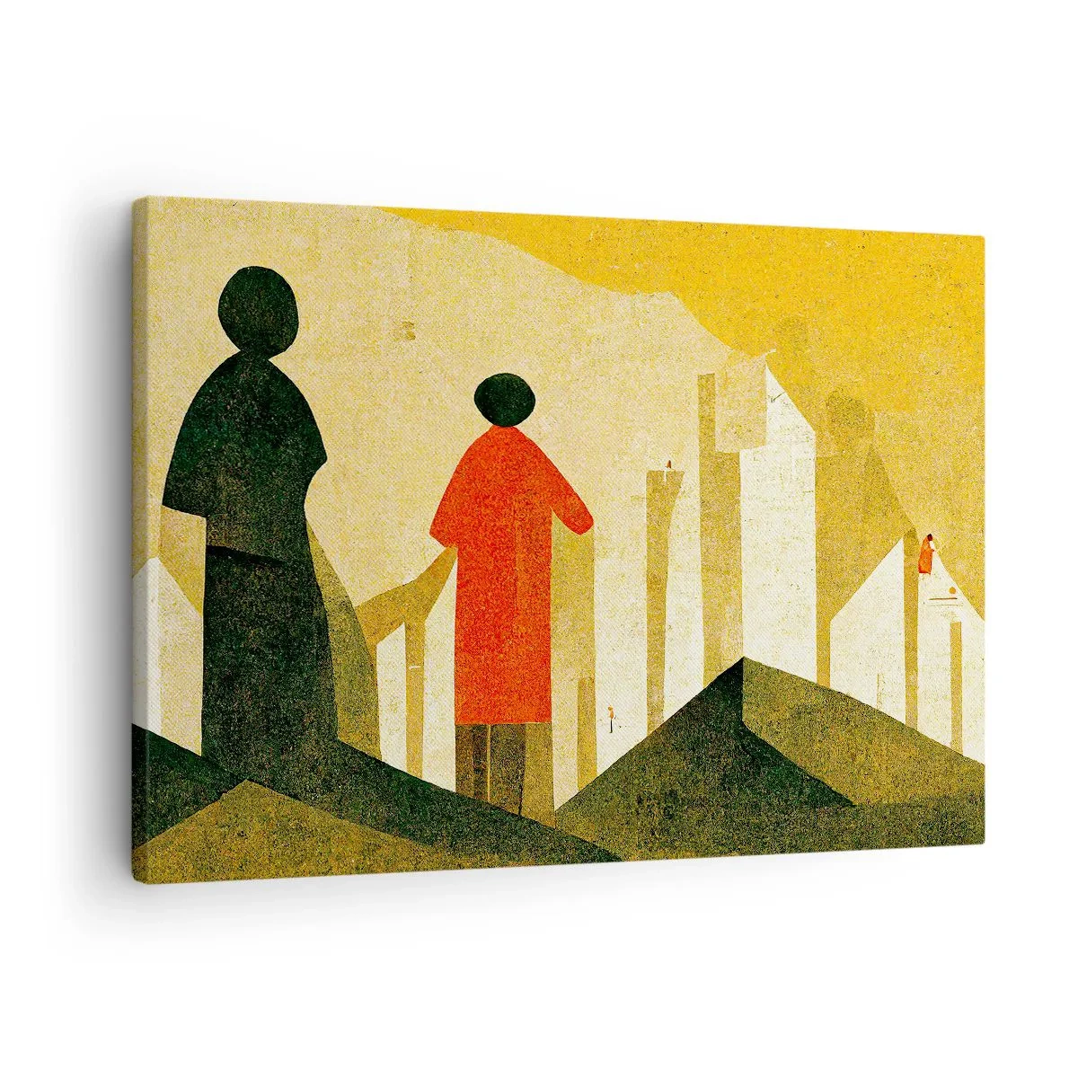 Cuadro sobre lienzo - Impresión de Imagen - Siluetas geométricas en rojo y verde sobre un fondo amarillo. - 70x50cm - Todavía lejos del destino - Decoración de pared moderna para salón y dormitorio ARTTOR