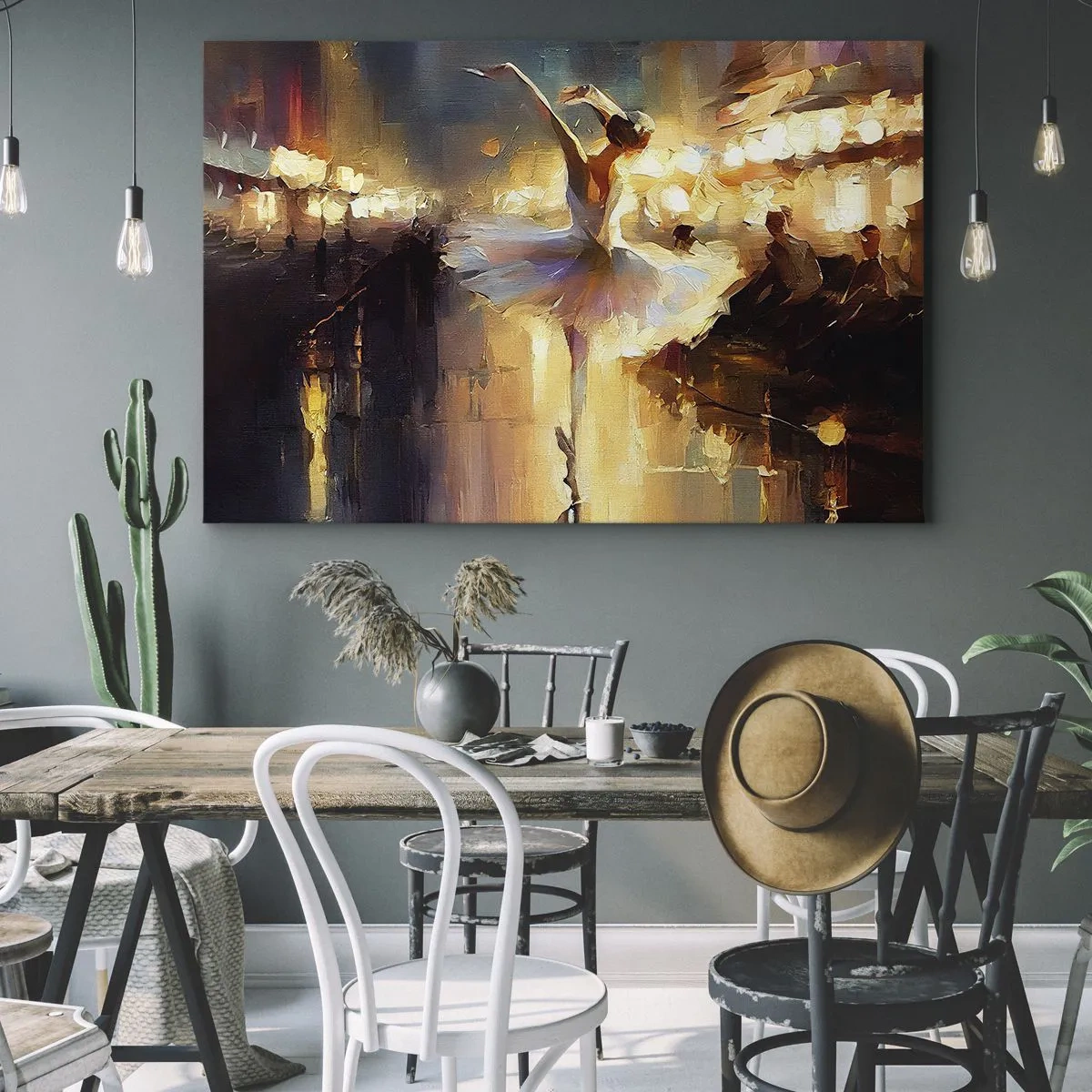 Cuadro sobre lienzo - Impresión de Imagen - Una bailarina bailando frente a un escenario iluminado. - 70x50cm - Un milagro en la calle - Decoración de pared moderna para salón y dormitorio ARTTOR