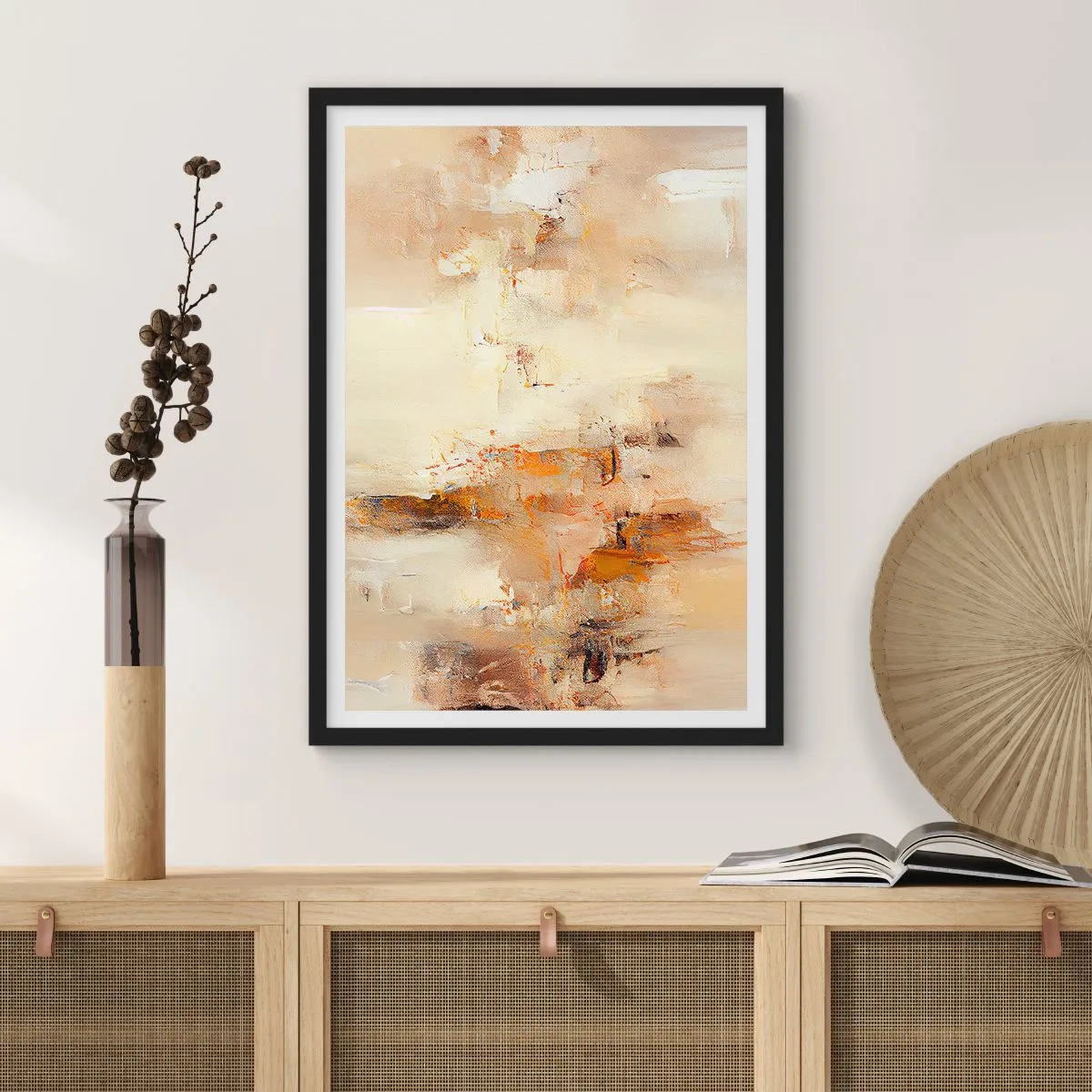 Póster en marco negro - Una composición abstracta en tonos cálidos de beige y dorado. - 50x70cm - El alma del ámbar - Decoración de pared moderna para salón y dormitorio ARTTOR