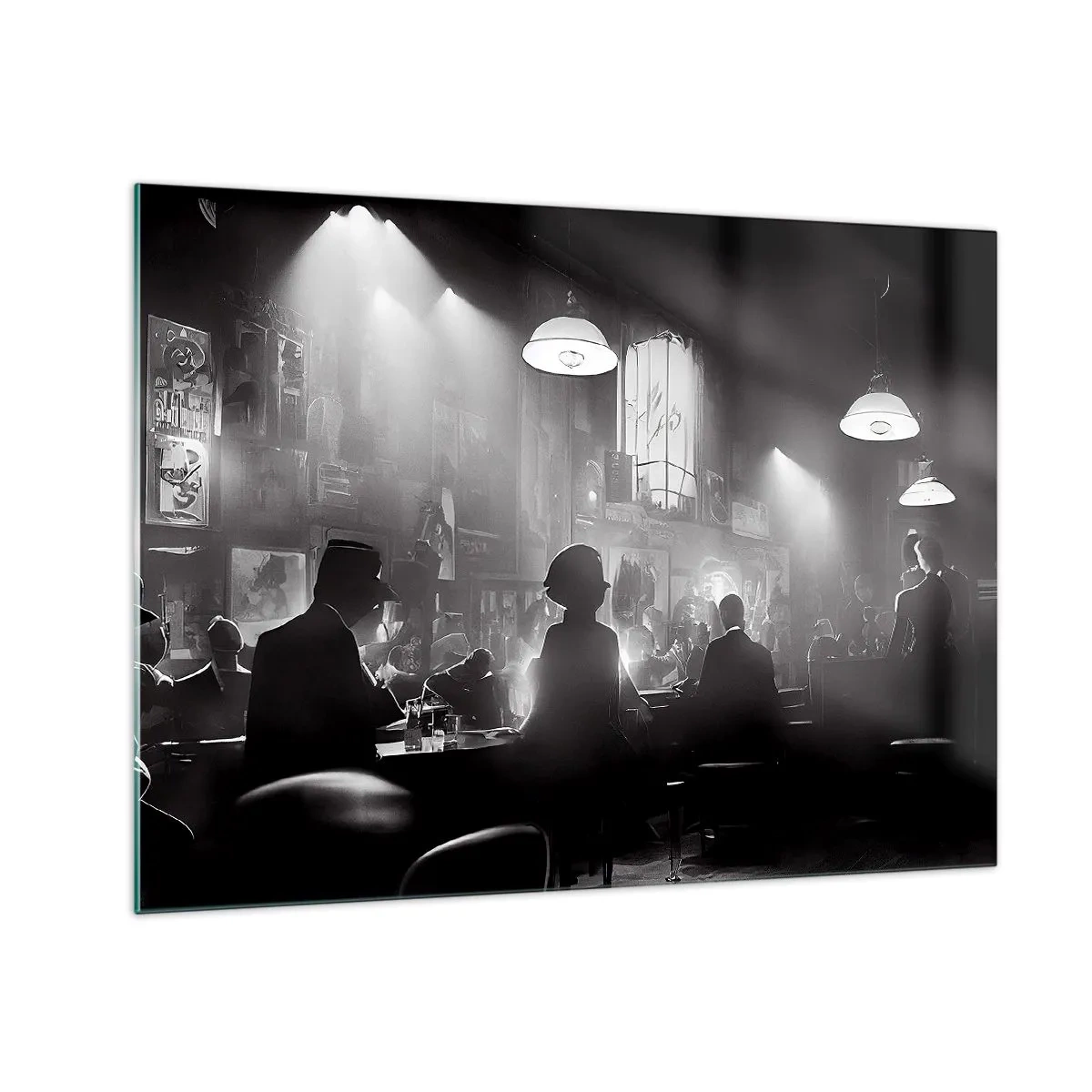 Cuadro sobre vidrio - Impresiones sobre Vidrio - Escenario de jazz en blanco y negro en el interior de un club - 70x50cm - En clave de jazz - Decoración de pared moderna para salón y dormitorio ARTTOR