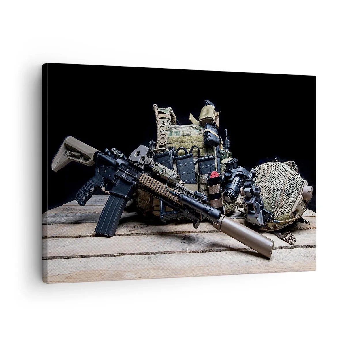 Cuadro sobre lienzo - Impresión de Imagen - Equipo táctico con un rifle sobre una mesa de madera. - 70x50cm - ¡Descansen! - Decoración de pared moderna para salón y dormitorio ARTTOR