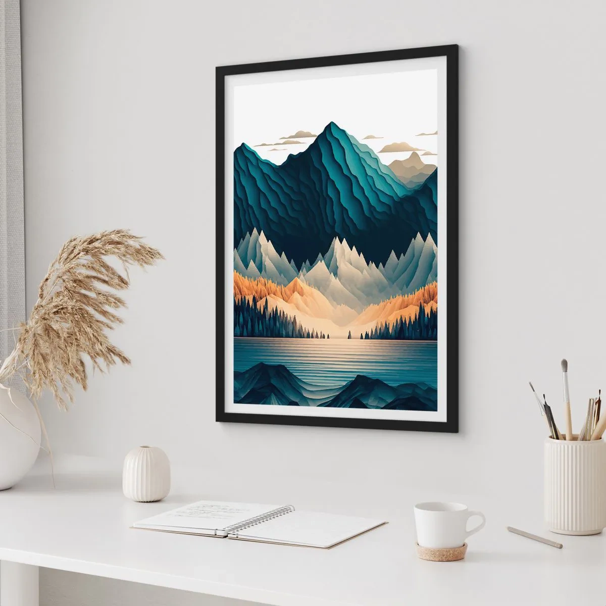 Póster en marco negro - Paisaje montañoso estilizado con un lago en tonos azules. - 50x70cm - Paisaje perfecto de montañas - Decoración de pared moderna para salón y dormitorio ARTTOR
