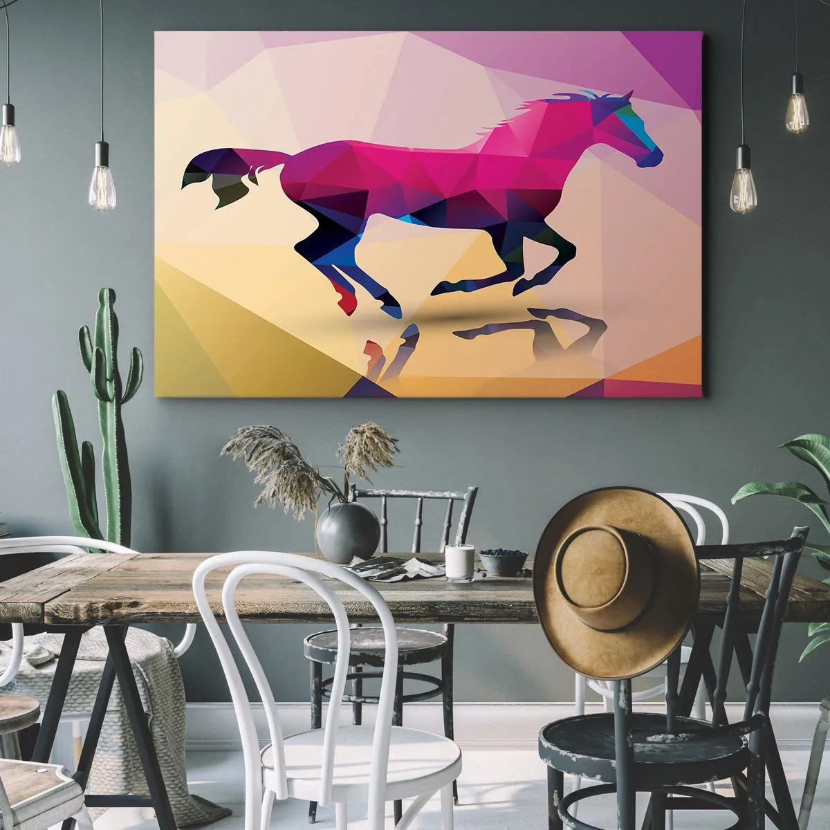 Cuadro sobre lienzo - Impresión de Imagen - Silueta geométrica de un caballo al galope en colores vibrantes. - 70x50cm - El cubismo sigue vivo - Decoración de pared moderna para salón y dormitorio ARTTOR