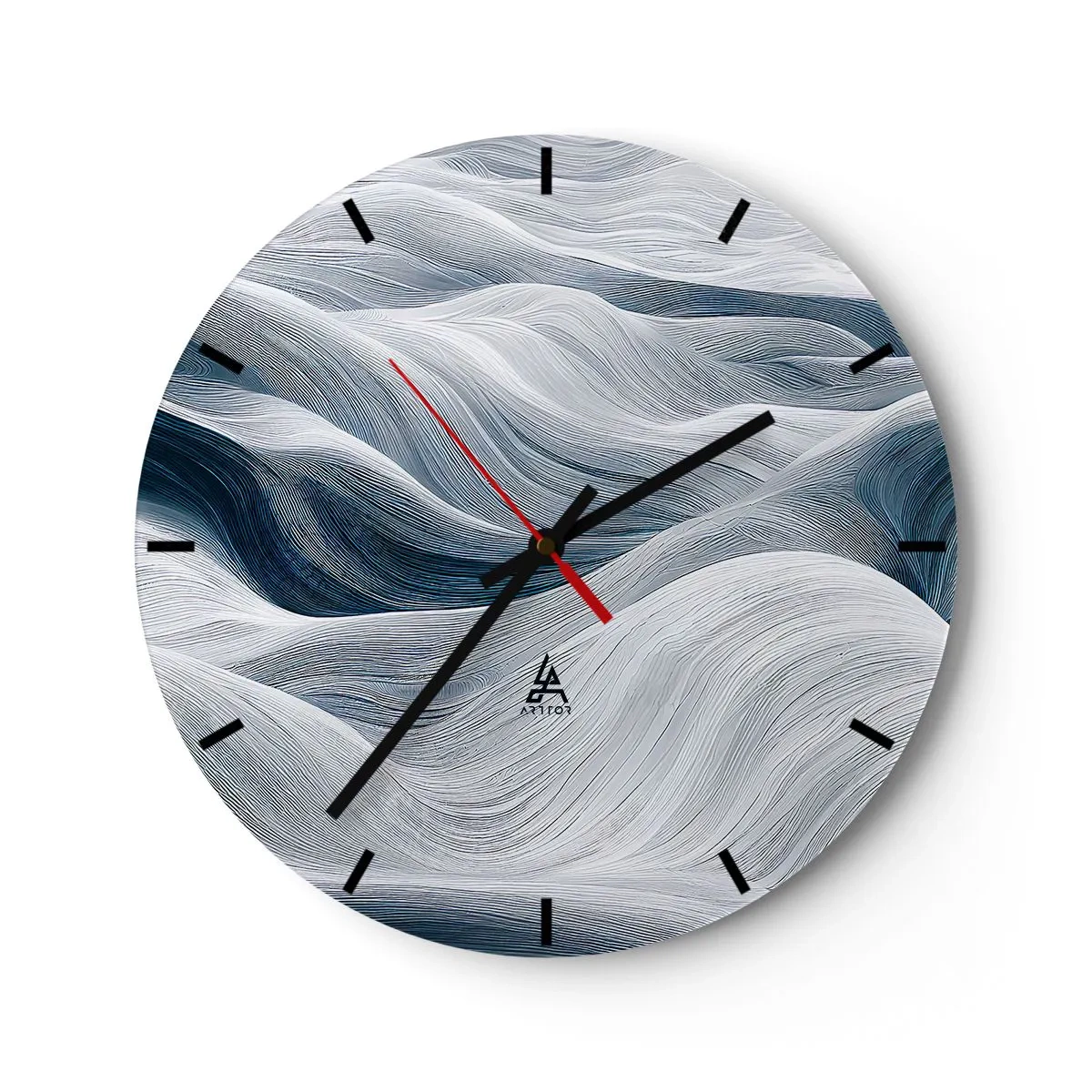 Reloj de pared - Reloj de vidrio - Líneas gráficas onduladas en tonos blancos y azules. - 30x30cm - Olas blancas y azules - Decoración de pared moderna para salón, cocina y dormitorio ARTTOR