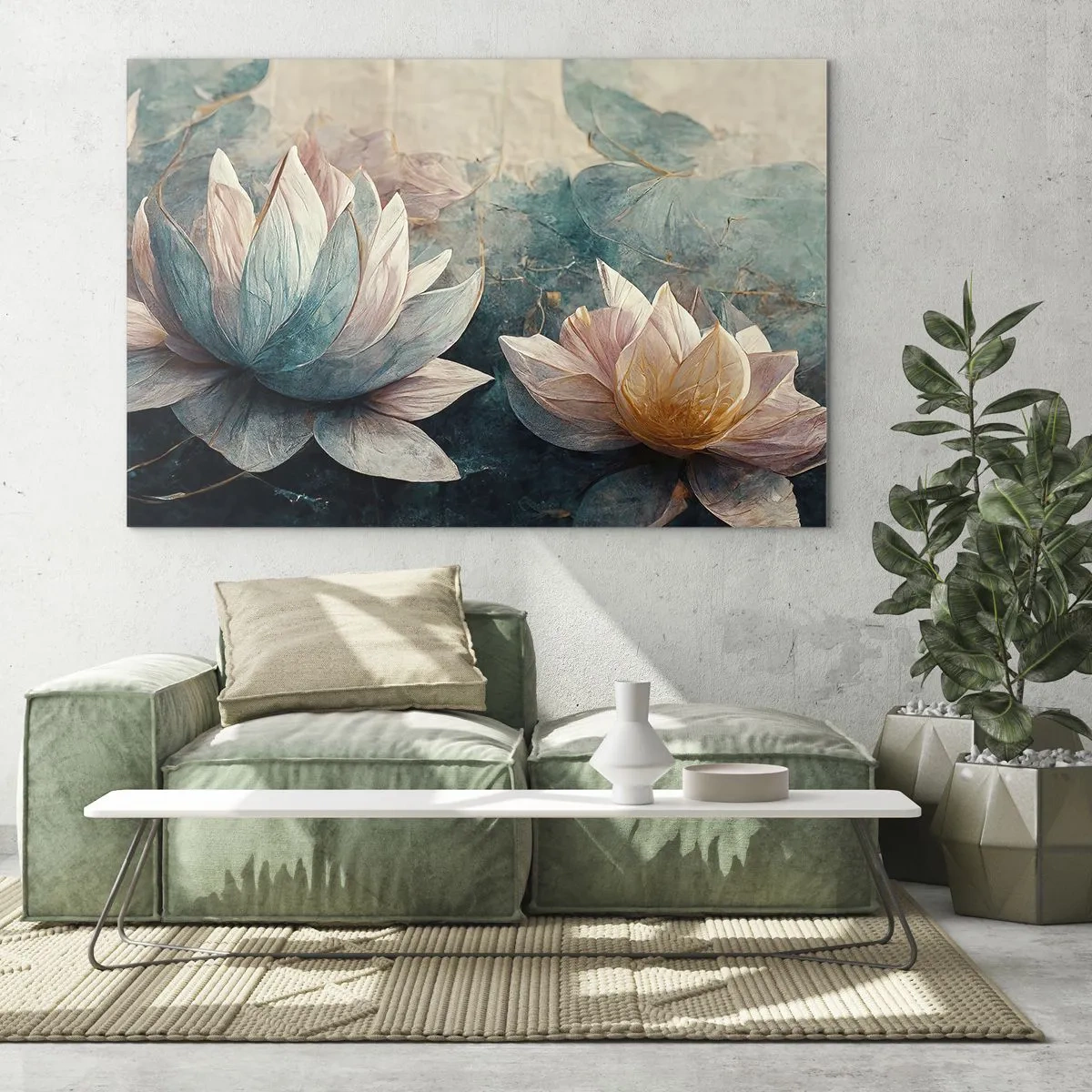 Cuadro sobre vidrio - Impresiones sobre Vidrio - Representación artística de flores de loto sobre un fondo de hojas de agua. - 70x50cm - Estrellas de lago - Decoración de pared moderna para salón y dormitorio ARTTOR