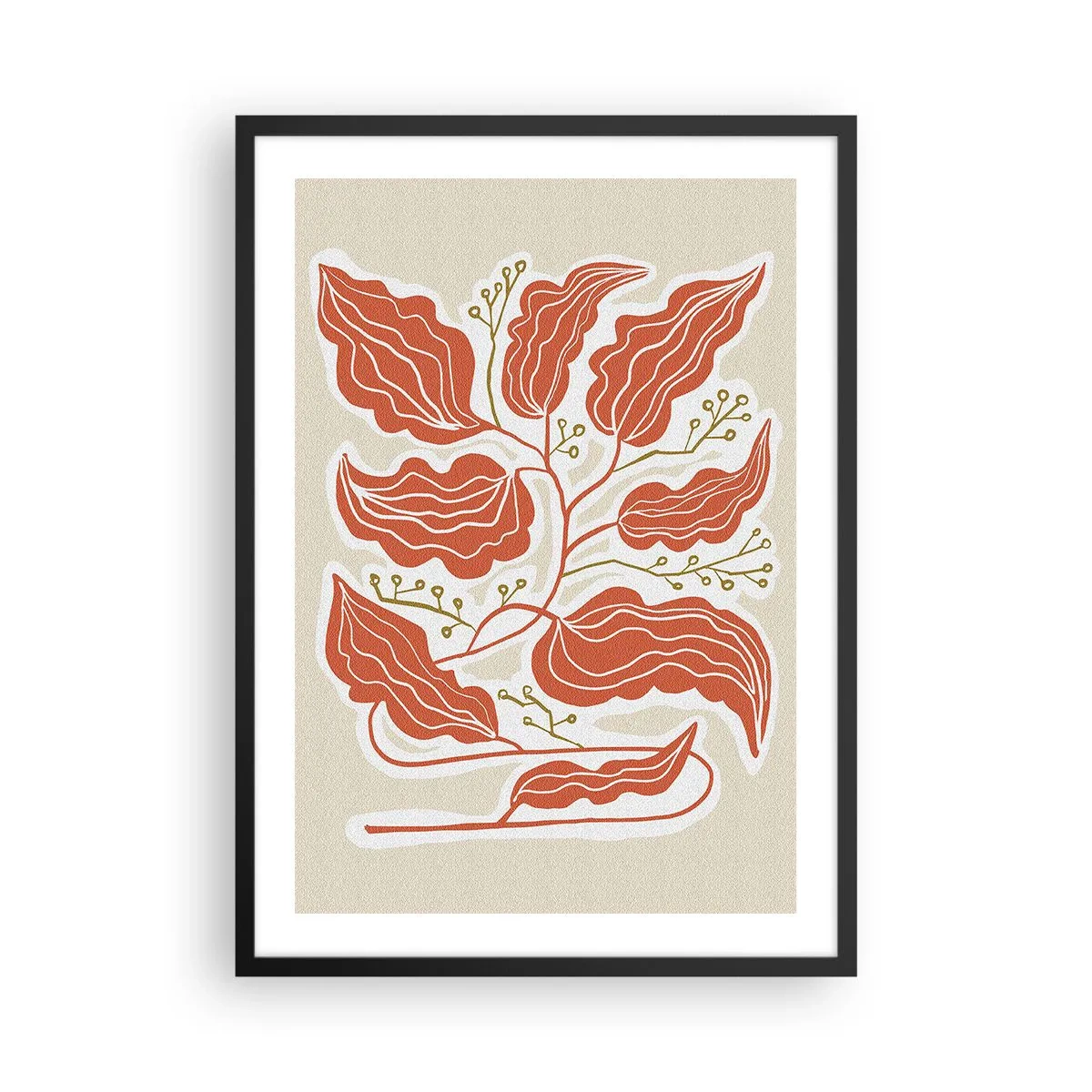 Póster en marco negro - Una composición abstracta de hojas en tonos naranja y beige. - 50x70cm - Folk y coral - Decoración de pared moderna para salón y dormitorio ARTTOR