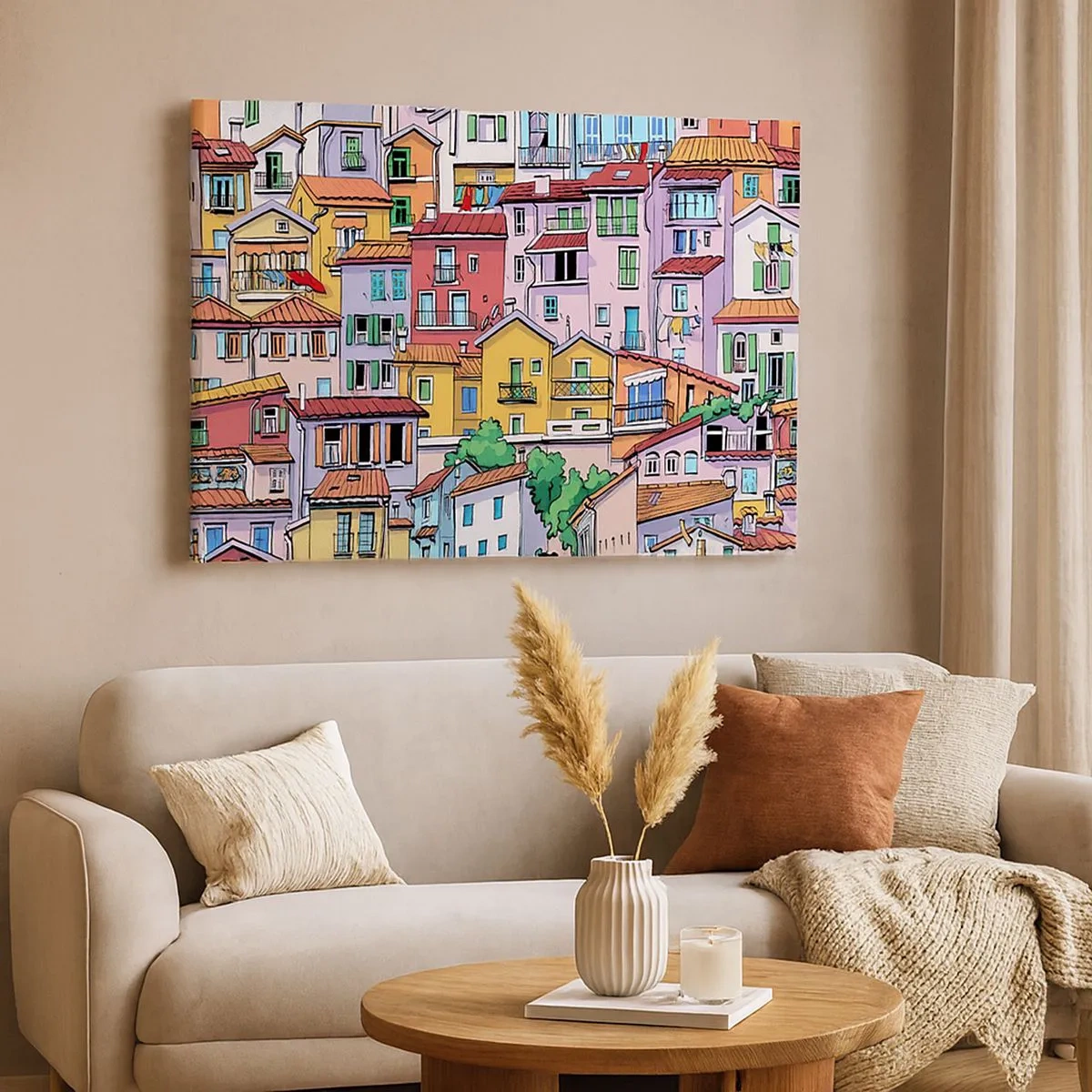 Cuadro sobre lienzo - Impresión de Imagen - Casas de vecindad coloridas en un estilo animado y alegre - 70x50cm - Ciudad alegre - Decoración de pared moderna para salón y dormitorio ARTTOR