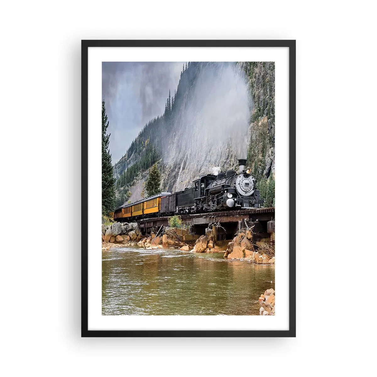 Póster en marco negro - Una locomotora de vapor en un puente rodeado de montañas y un río en un paisaje pintoresco. - 50x70cm - ¿Adónde me llevas? - Decoración de pared moderna para salón y dormitorio ARTTOR