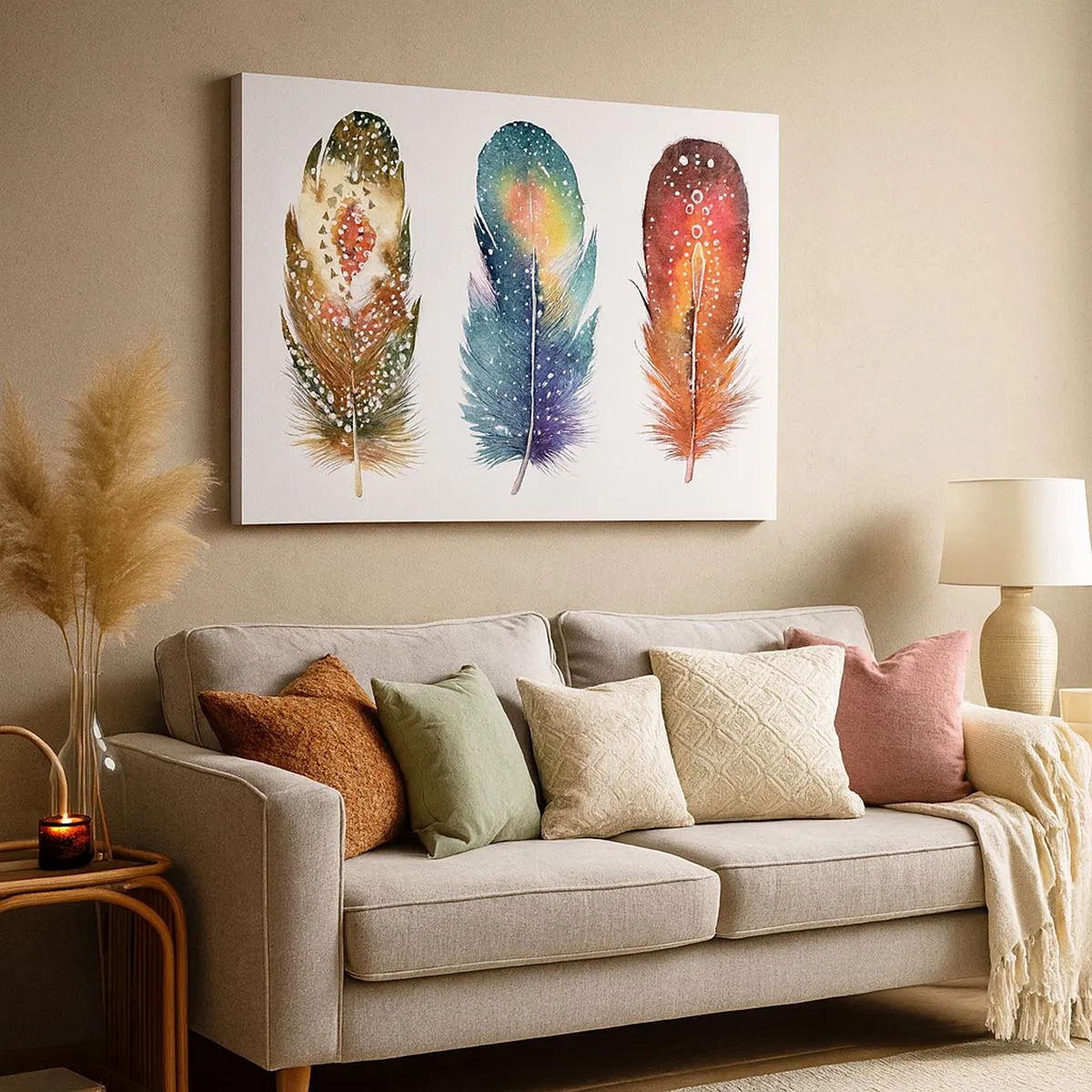 Cuadro sobre lienzo - Impresión de Imagen - Tres plumas de colores con patrones artísticos sobre un fondo claro. - 70x50cm - Rituales, ceremonias, secretos - Decoración de pared moderna para salón y dormitorio ARTTOR