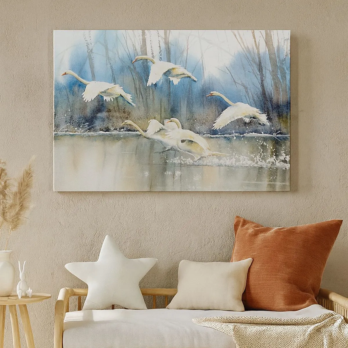 Cuadro sobre lienzo - Impresión de Imagen - Cisnes en vuelo sobre un lago congelado en un paisaje invernal - 70x50cm - Como en un cuento de cisnes salvajes - Decoración de pared moderna para salón y dormitorio ARTTOR