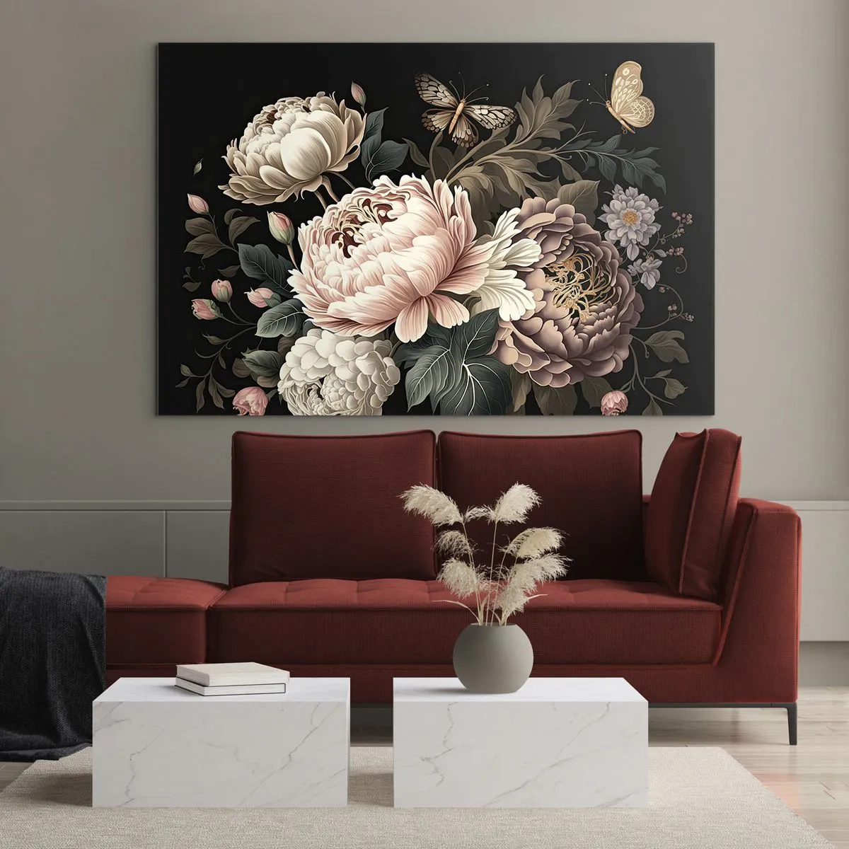 Cuadro sobre vidrio - Impresiones sobre Vidrio - Composición floral con mariposas sobre fondo negro. - 70x50cm - En estilo barroco - Decoración de pared moderna para salón y dormitorio ARTTOR