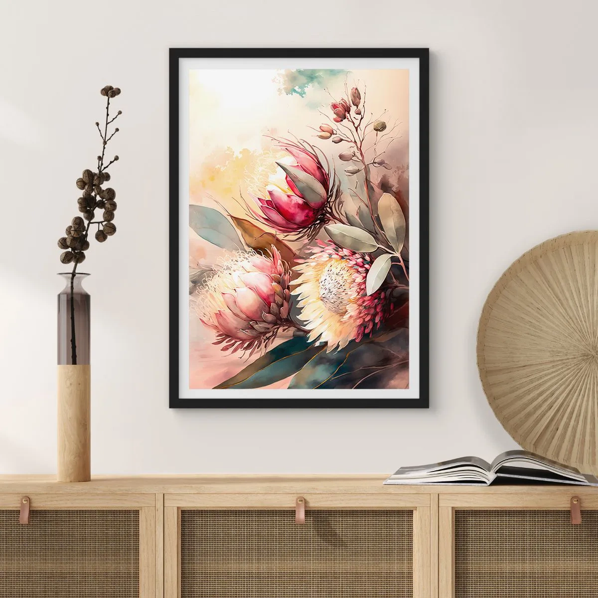 Póster en marco negro - Un ramo de flores de protea en colores delicados. - 50x70cm - De perfil y de frente - Decoración de pared moderna para salón y dormitorio ARTTOR