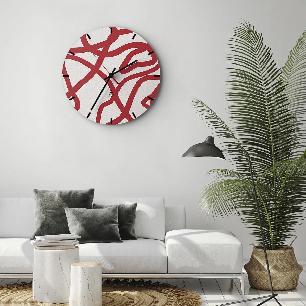 Reloj de pared - Reloj de vidrio - Líneas rojas abstractas que serpentean sobre un fondo blanco en una disposición dinámica. - 30x30cm - Rojo sobre blanco - Decoración de pared moderna para salón, cocina y dormitorio ARTTOR