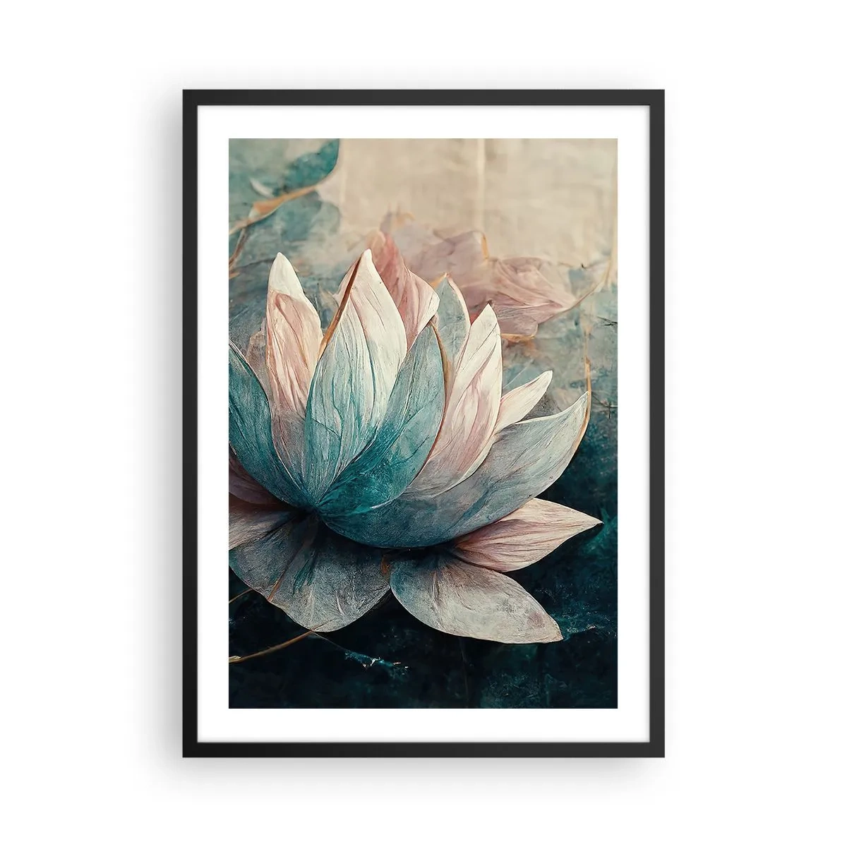 Póster en marco negro - Una delicada flor de loto con un aura mística. - 50x70cm - Estrellas de lago - Decoración de pared moderna para salón y dormitorio ARTTOR