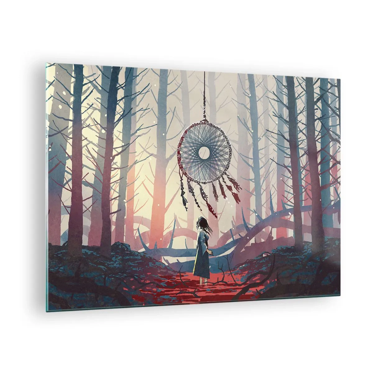 Cuadro sobre vidrio - Impresiones sobre Vidrio - Una figura en el bosque mira un gran atrapasueños que flota en el aire. - 70x50cm - El ritual secreto de la felicidad - Decoración de pared moderna para salón y dormitorio ARTTOR