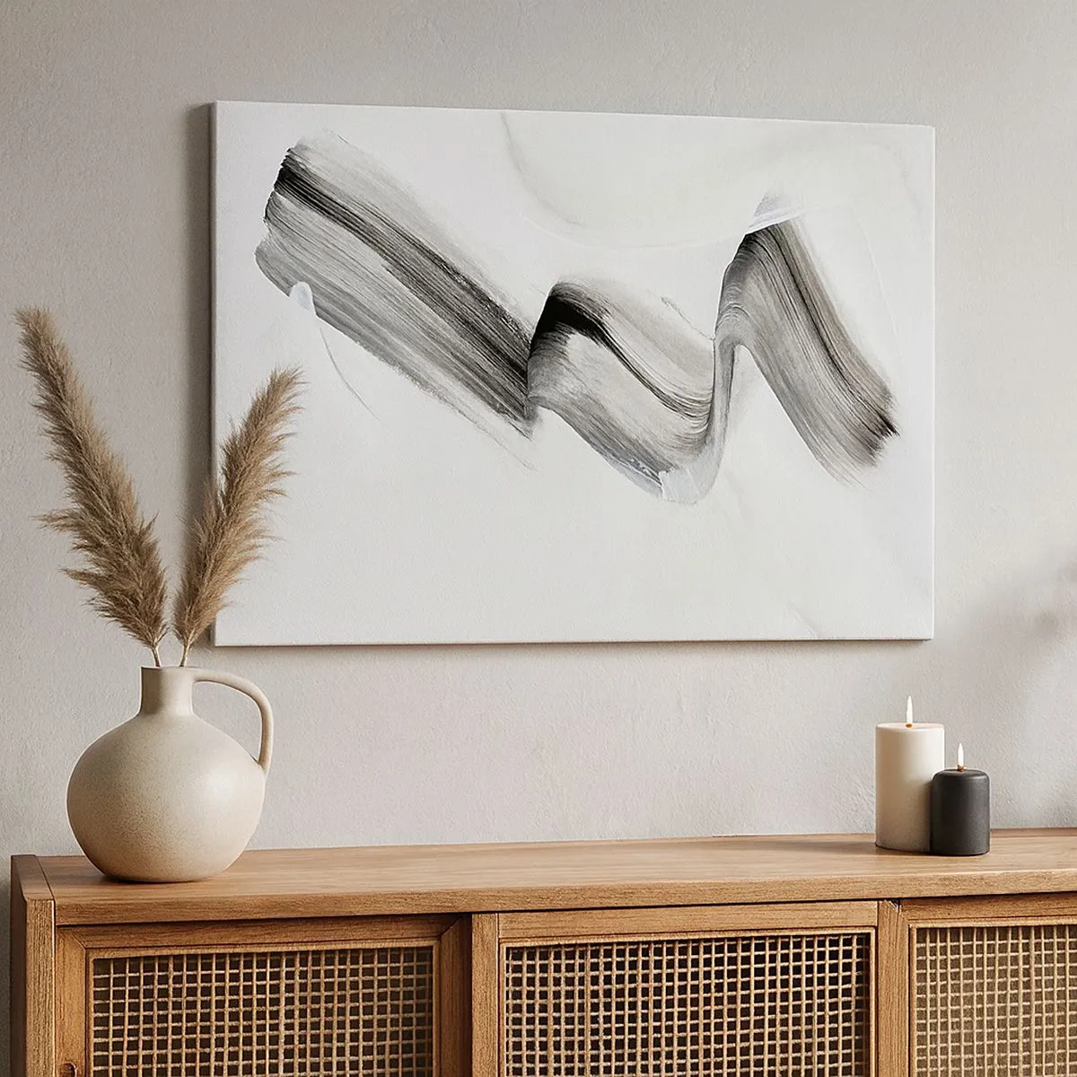 Cuadro sobre lienzo - Impresión de Imagen - Pincelada abstracta en blanco y negro sobre un fondo claro - 70x50cm - Solo por diversión - Decoración de pared moderna para salón y dormitorio ARTTOR