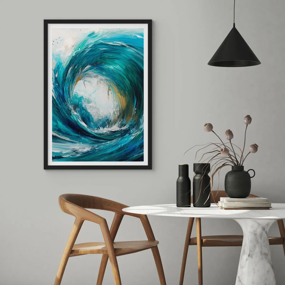 Póster en marco negro - Ola abstracta en tonos turquesa, azul y blanco. - 50x70cm - Portal marino - Decoración de pared moderna para salón y dormitorio ARTTOR